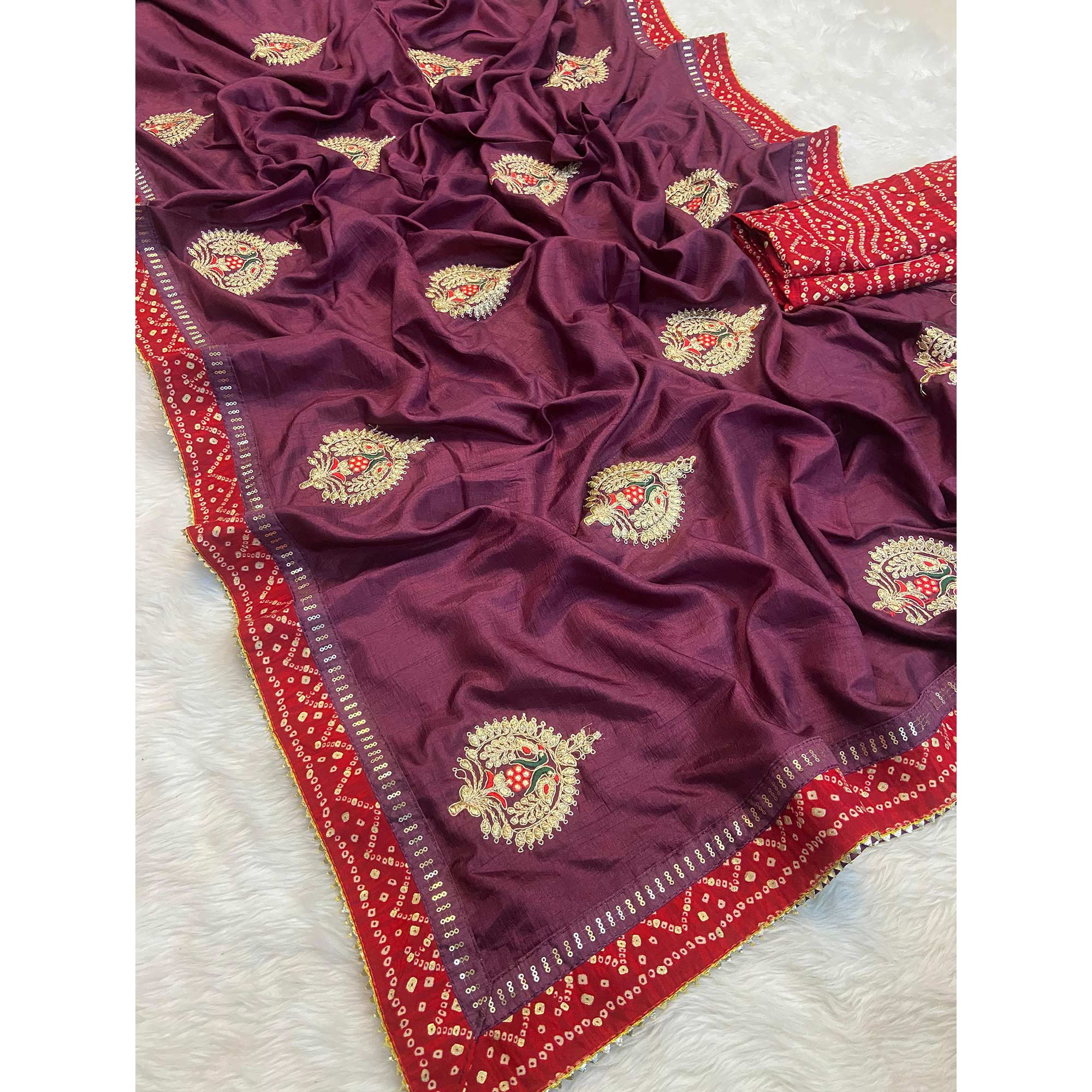 Wine Zari Embroidered Vichitra Silk Saree