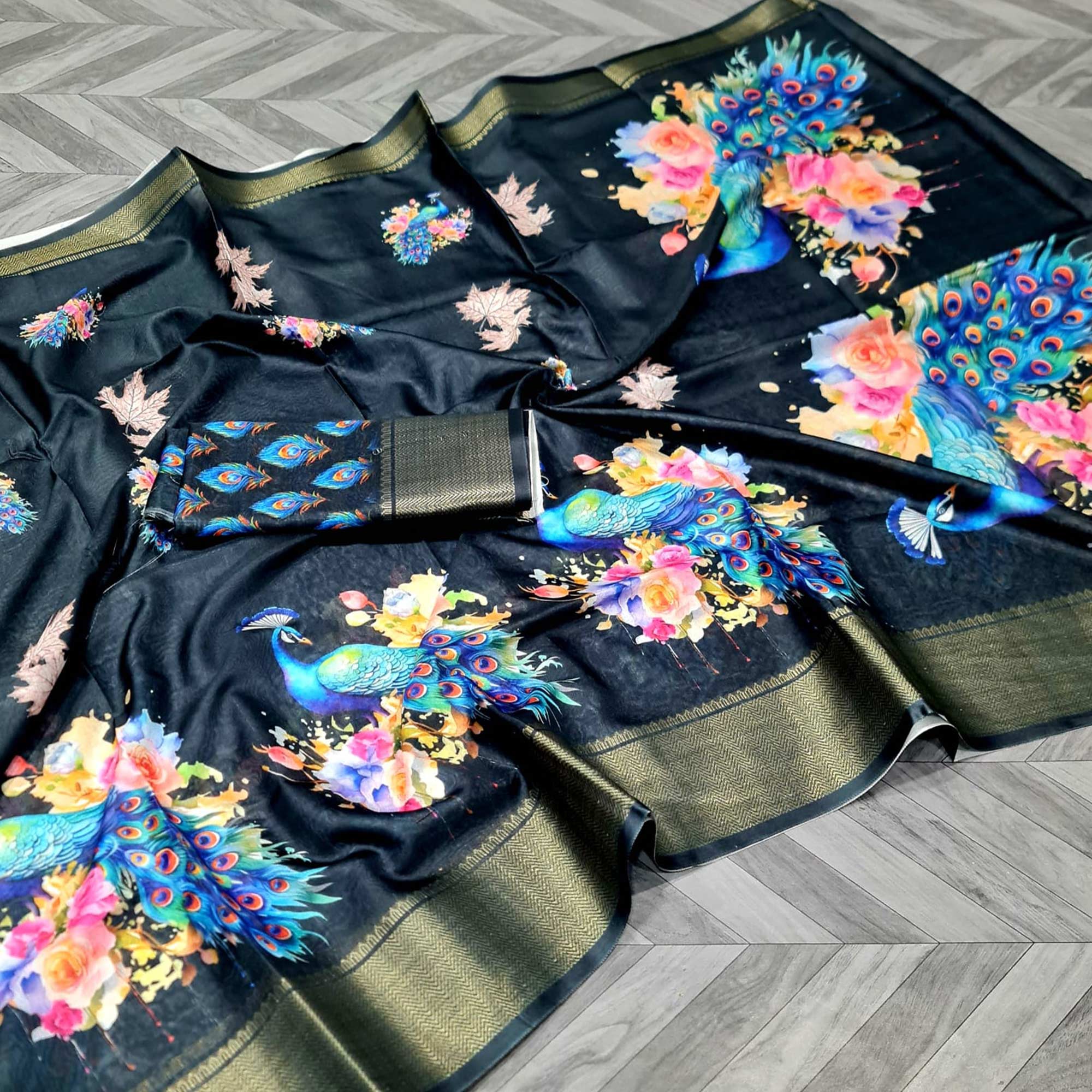 Black Floral Elegance Dola Silk Saree with Artistic Print With Zari Border