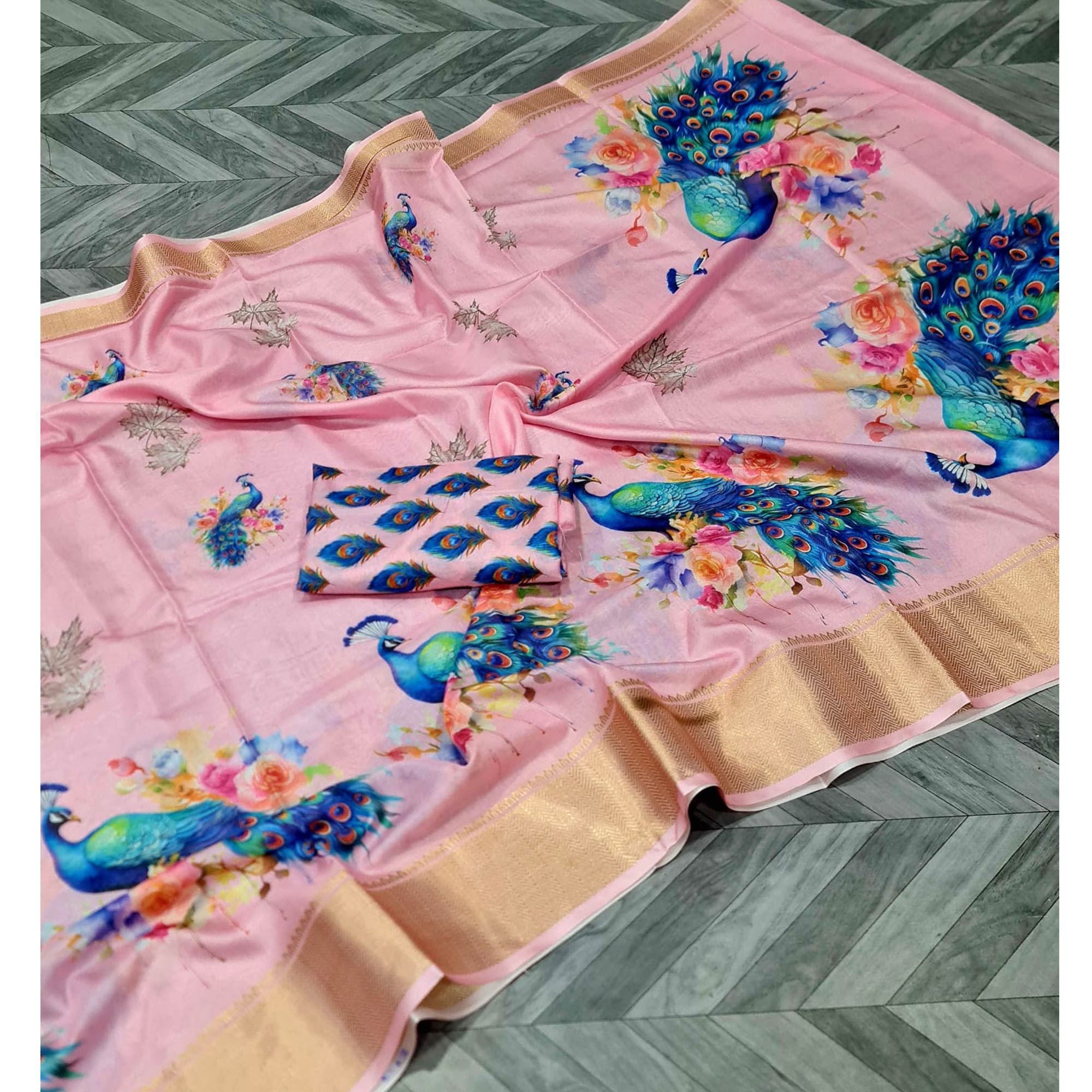 Pink Floral Elegance Dola Silk Saree with Artistic Print With Zari Border