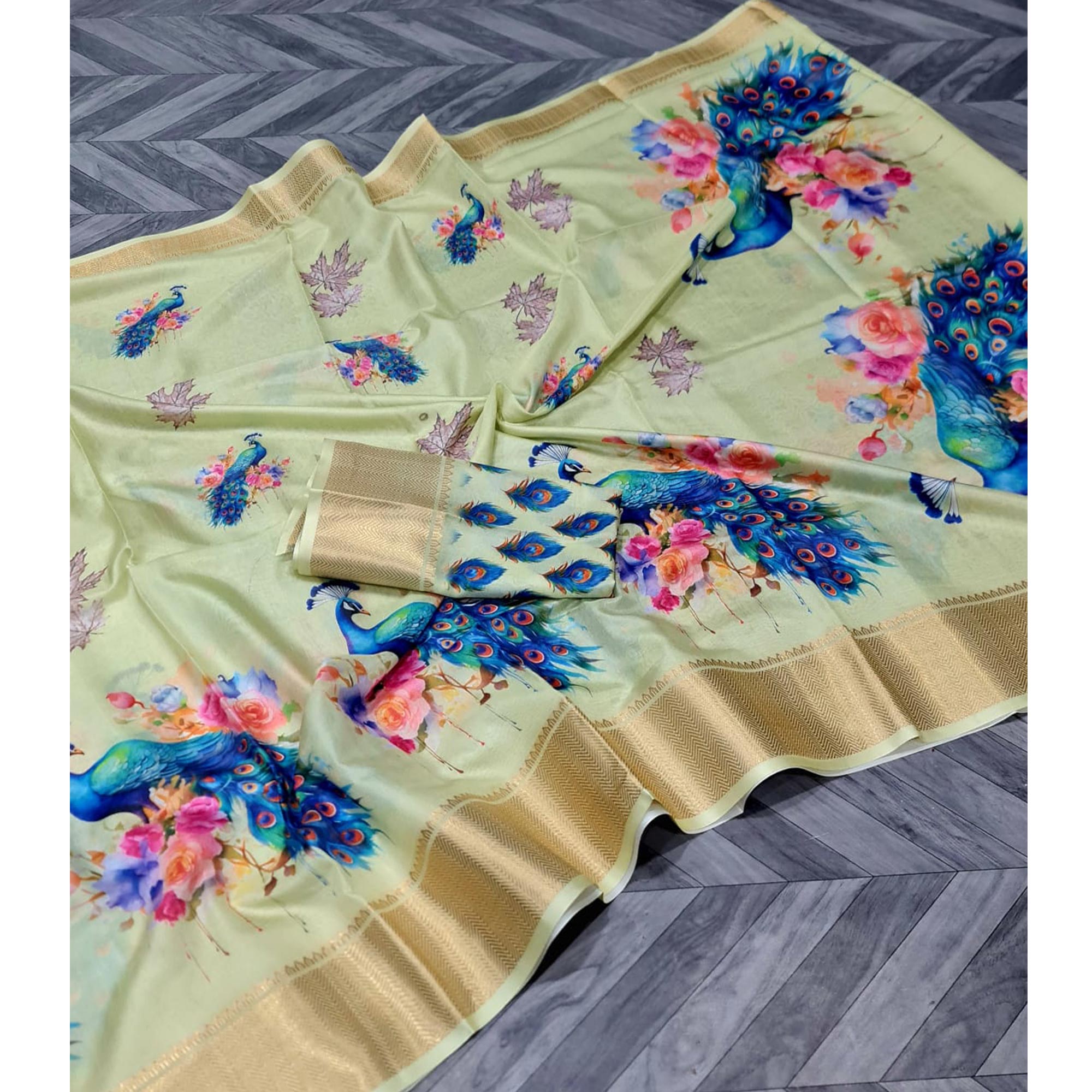 Pista Green Floral Elegance Dola Silk Saree with Artistic Print With Zari Border