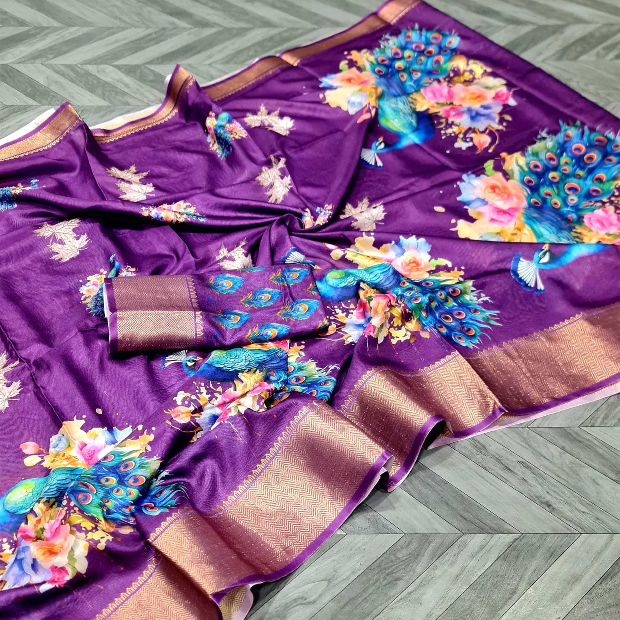 Purple Floral Elegance Dola Silk Saree with Artistic Print With Zari Border