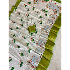 White Floral Printed Doal Silk Saree With Woven Broder