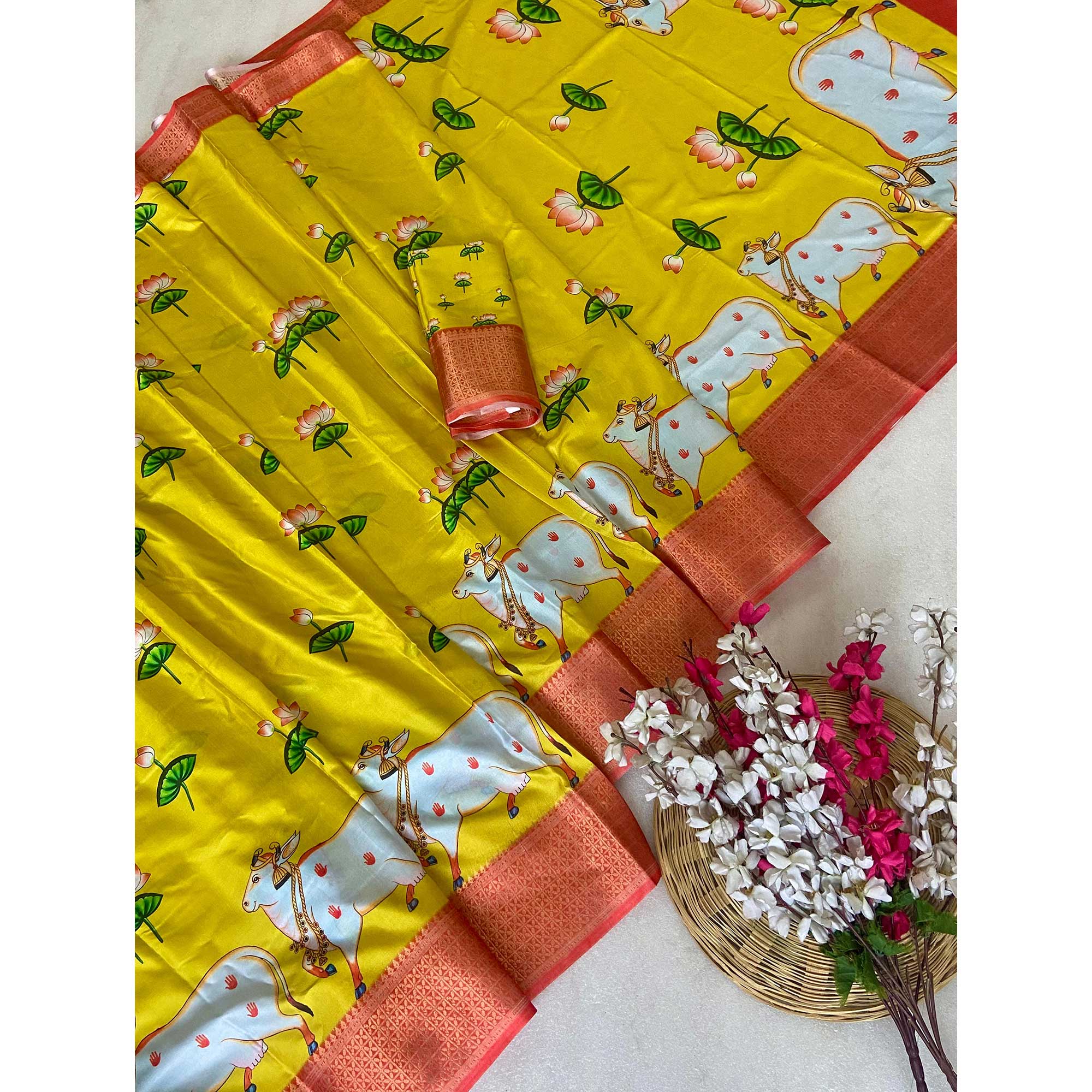 Yellow Floral Printed Doal Silk Saree With Woven Broder
