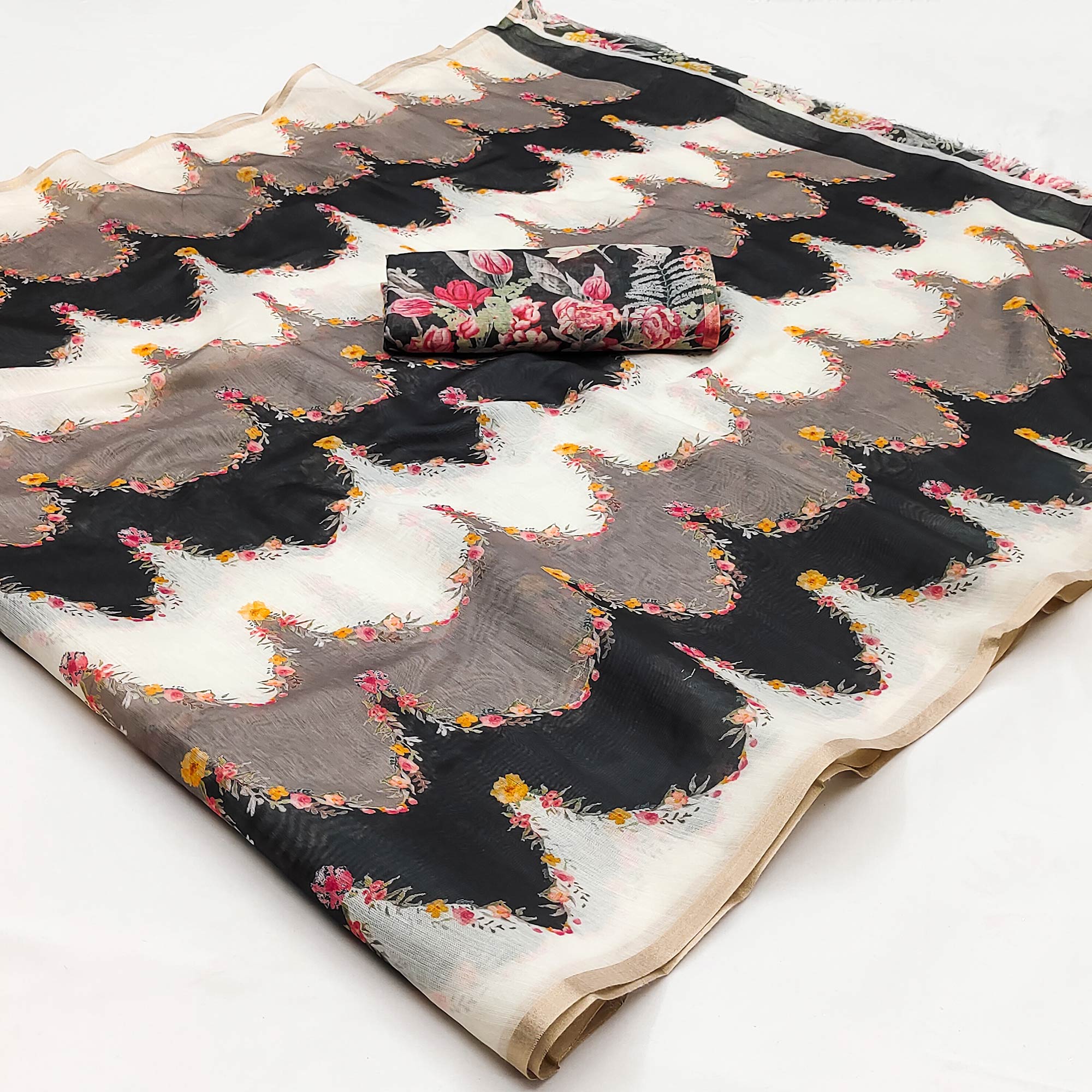 Black Floral Digital Printed Chanderi Cotton Saree