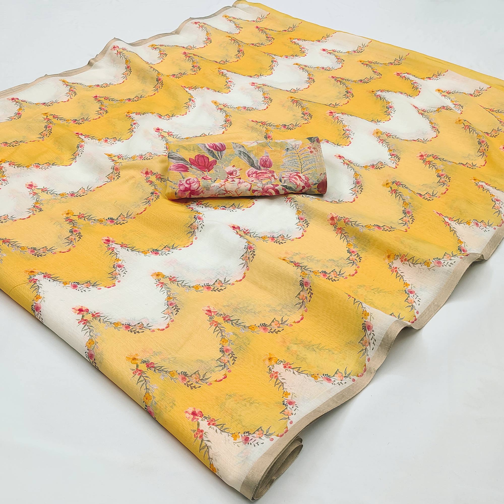 Yellow Floral Digital Printed Chanderi Cotton Saree