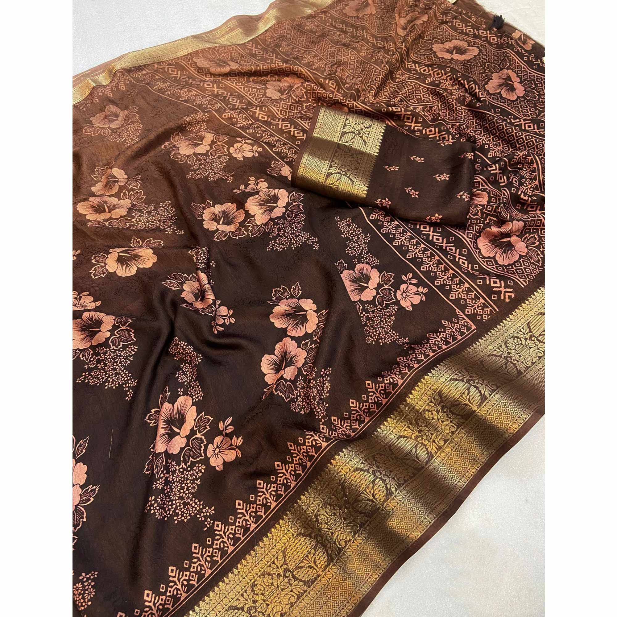 Brown Floral Printed Moss Art Silk Saree With Woven Border