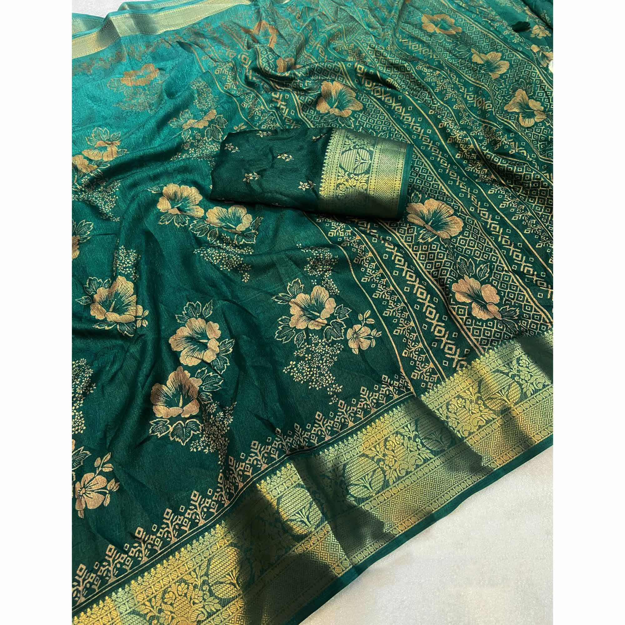 Green Floral Printed Moss Art Silk Saree With Woven Border