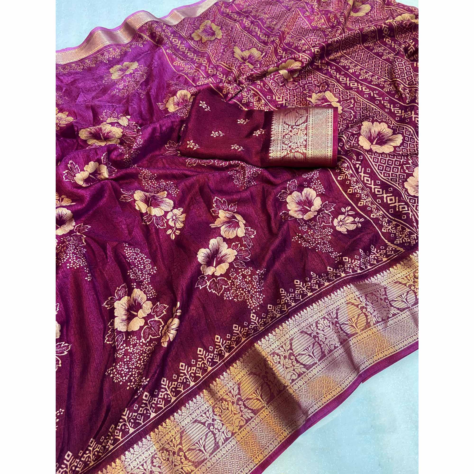 Magenta Floral Printed Moss Art Silk Saree With Woven Border