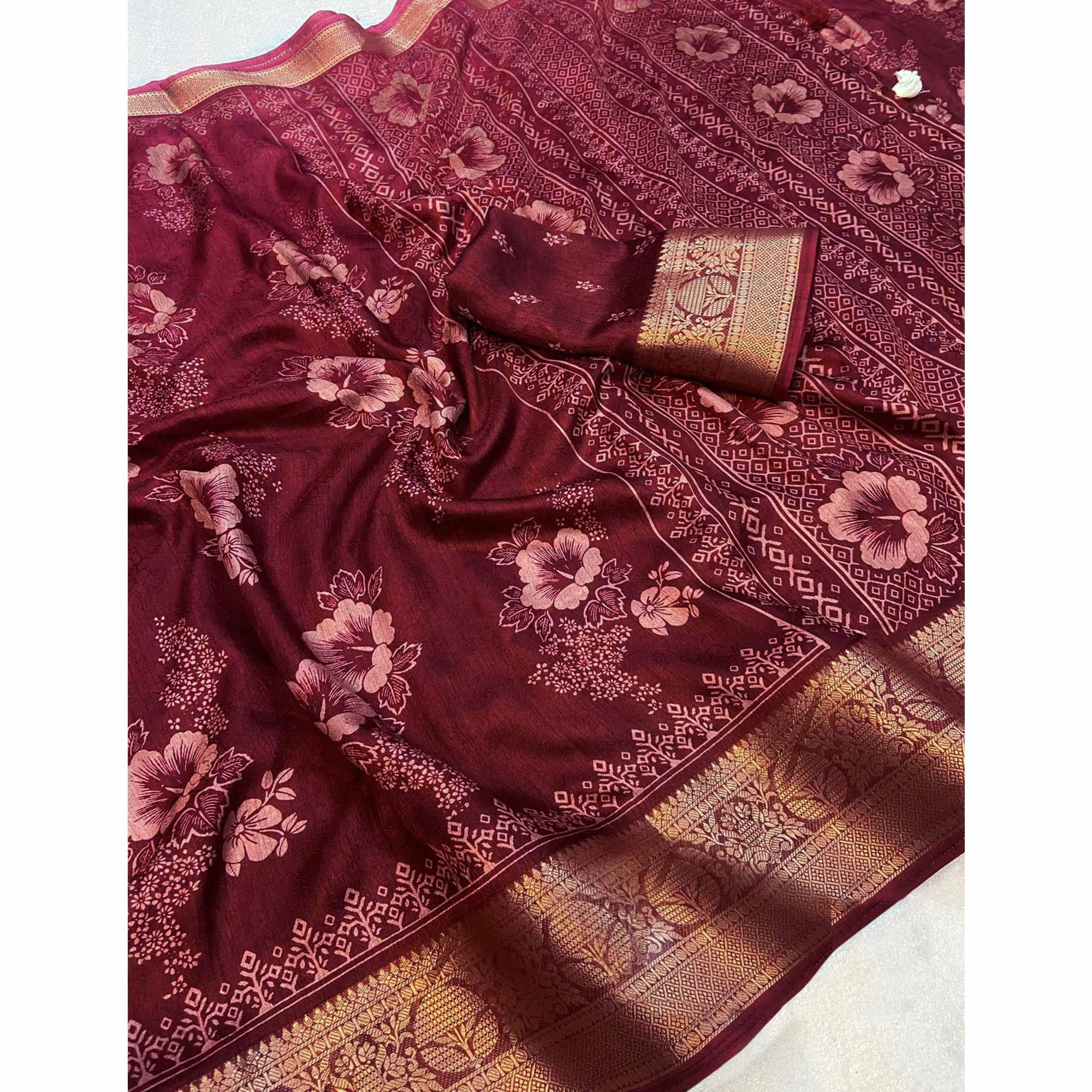 Maroon Floral Printed Moss Art Silk Saree With Woven Border