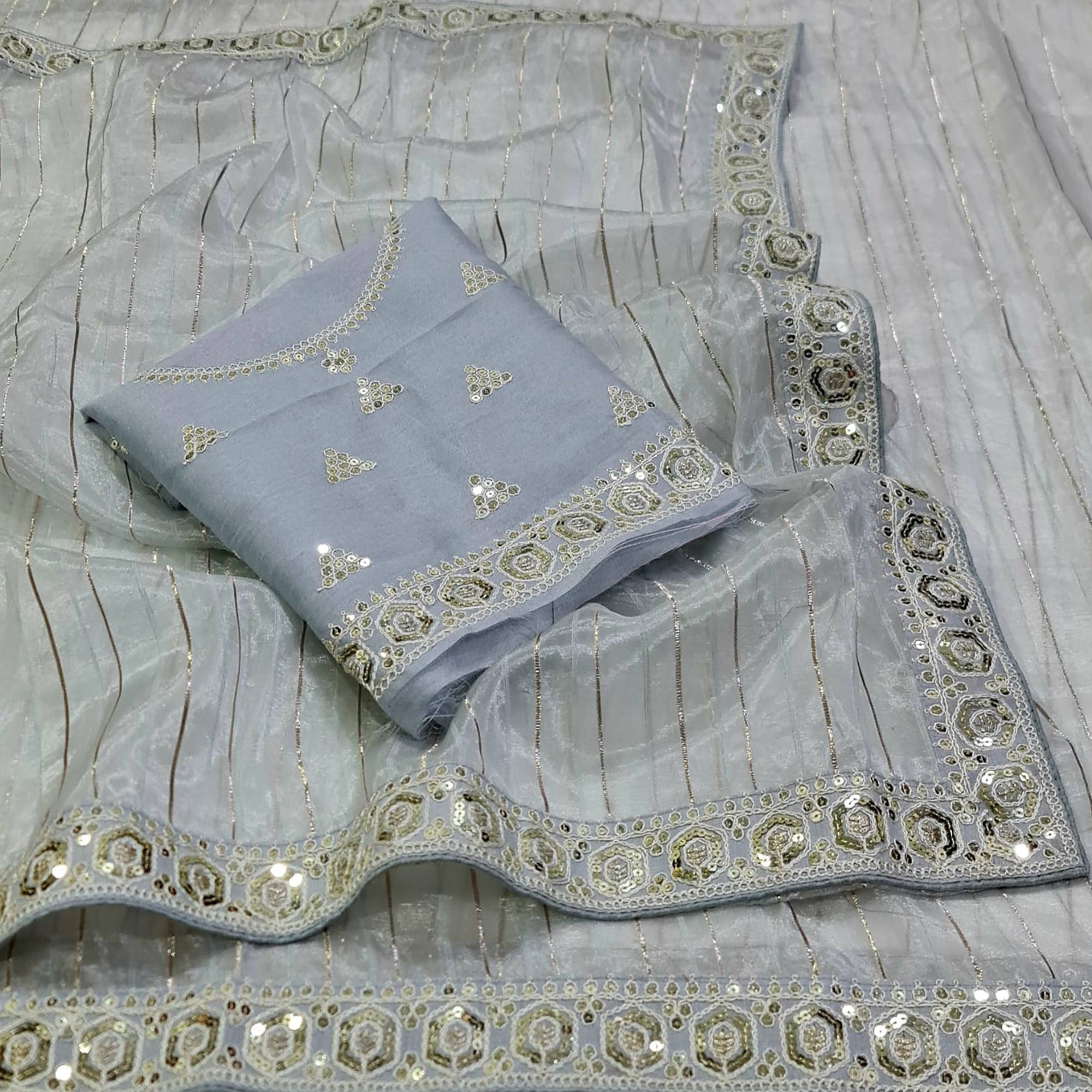 Grey Sequins Embroidered Organza Saree