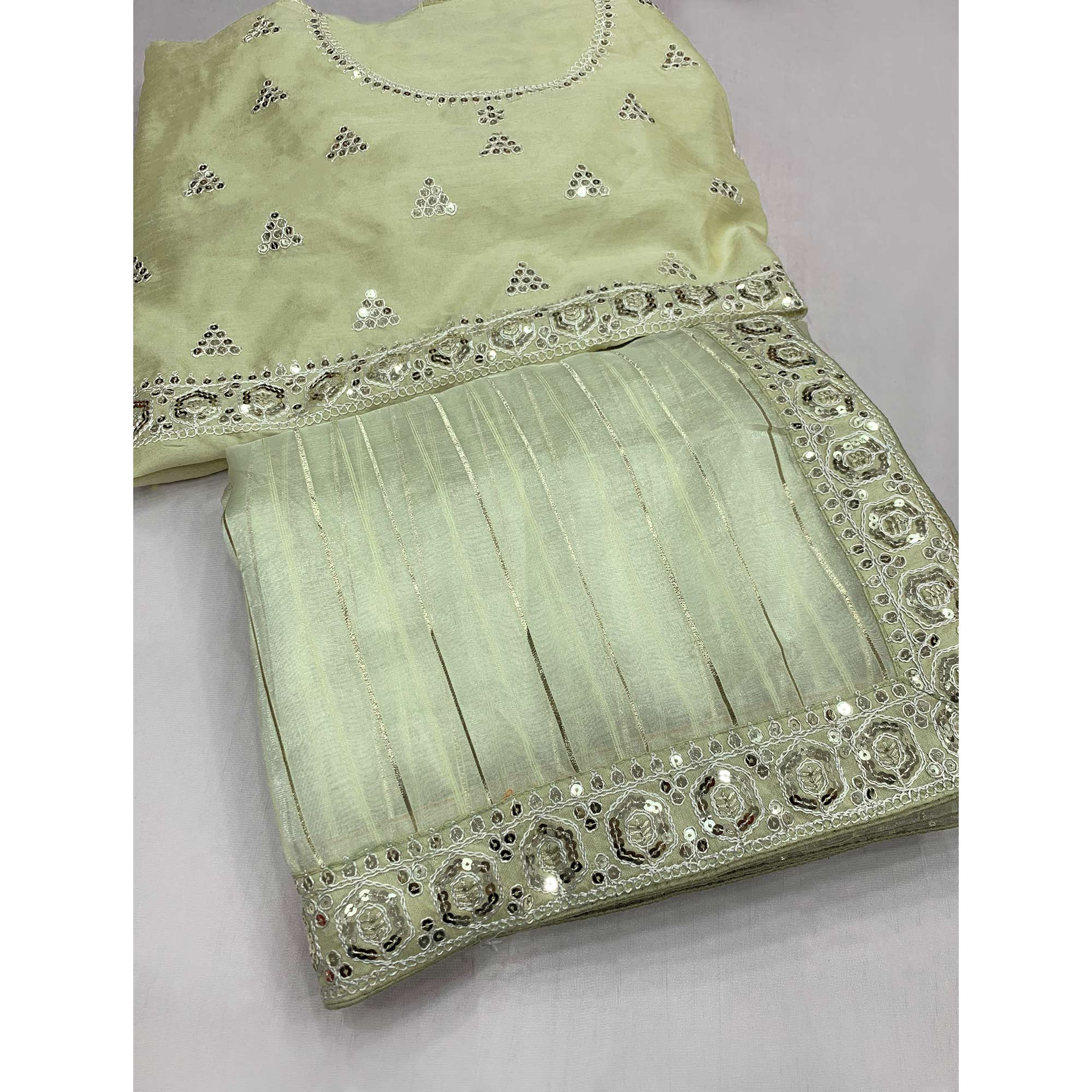 Pista Green Sequins Embroidered Organza Saree