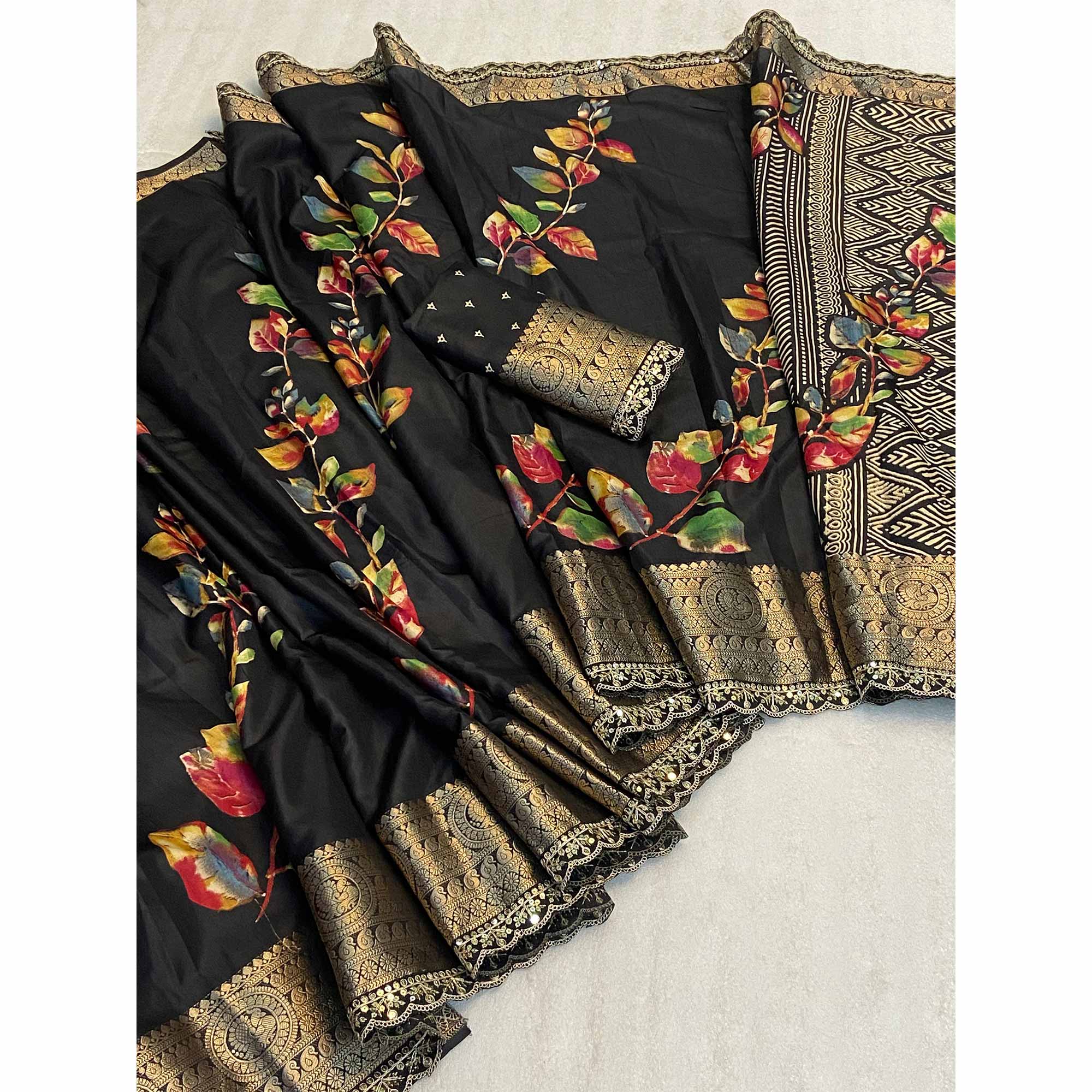 Black Floral Printed Dola Silk Saree With Woven Border