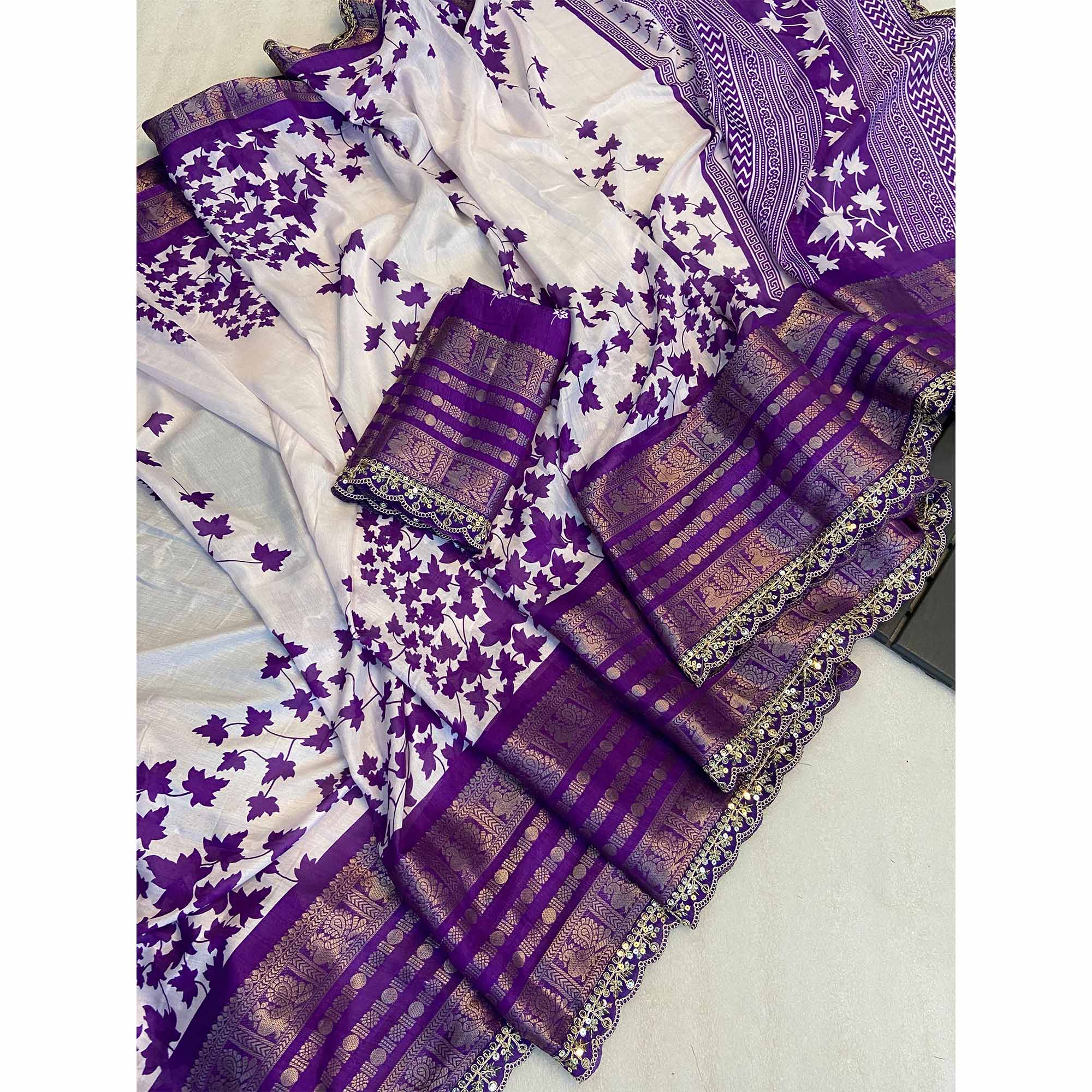 Purple & White Floral Printed Dola Silk Saree With Woven Border