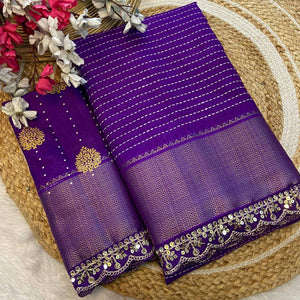 Royal Purple Floral Printed Dola Silk Saree With Woven Border
