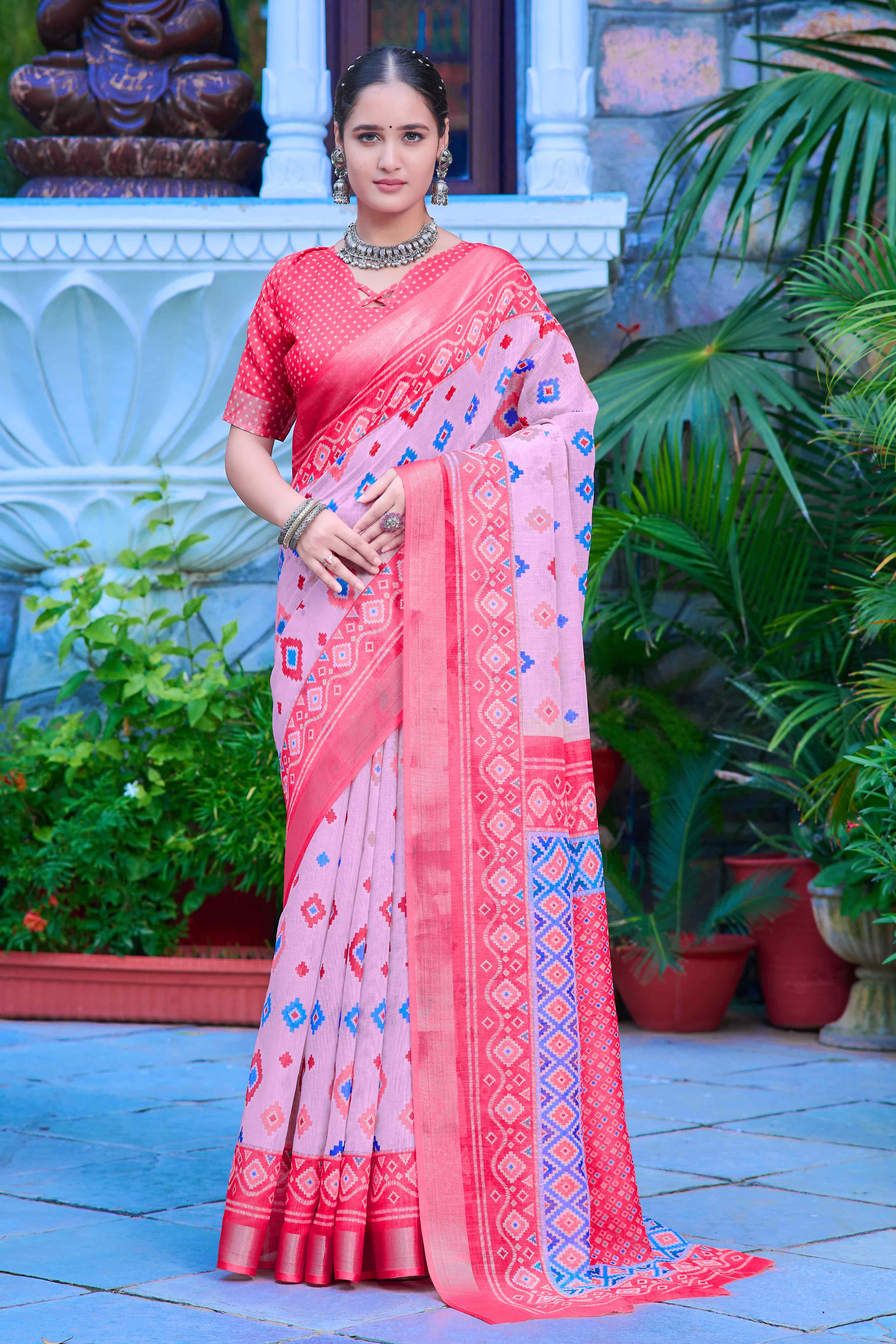 Baby Pink Geometric Printed Linen Saree