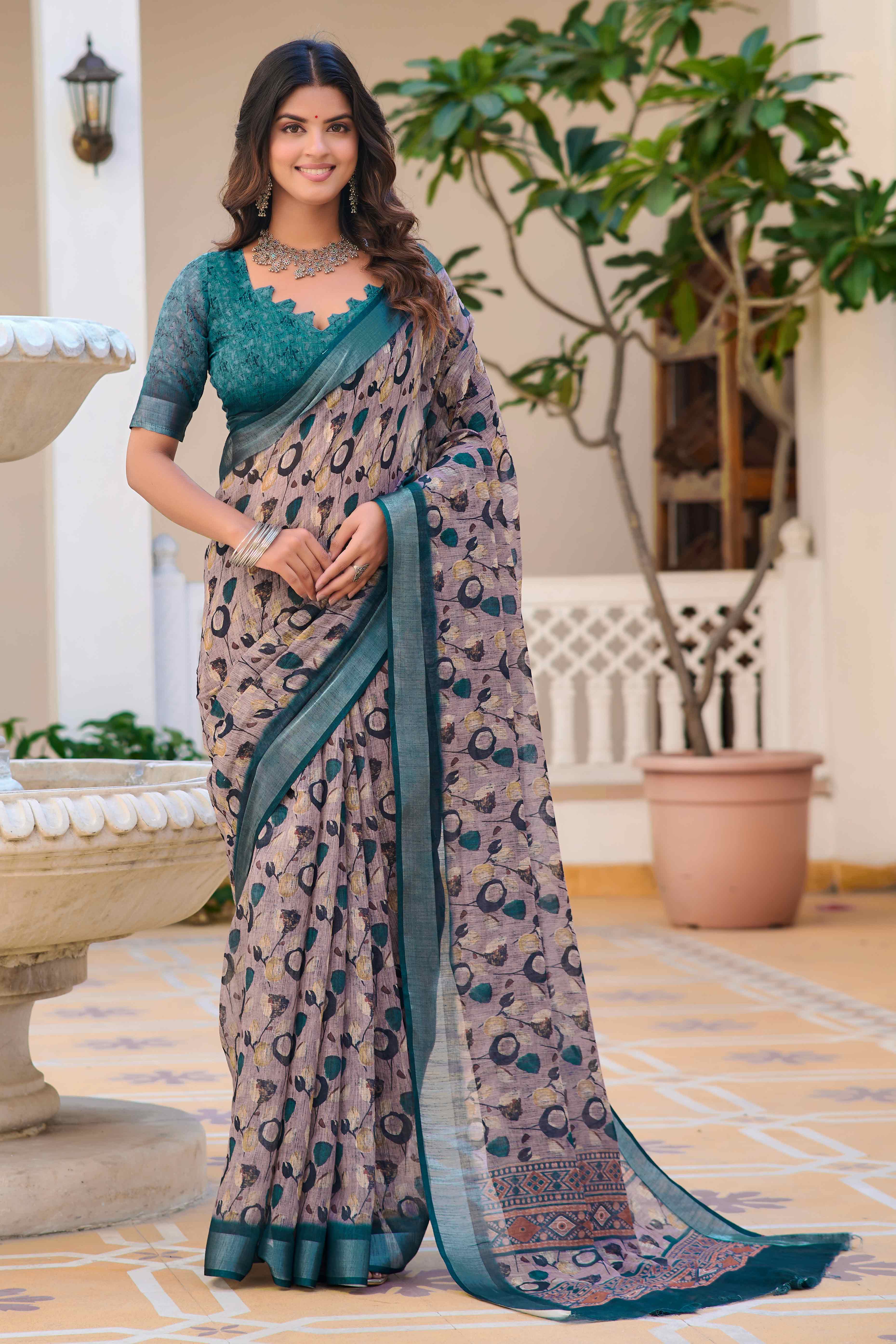 Grey Floral Printed Linen Saree