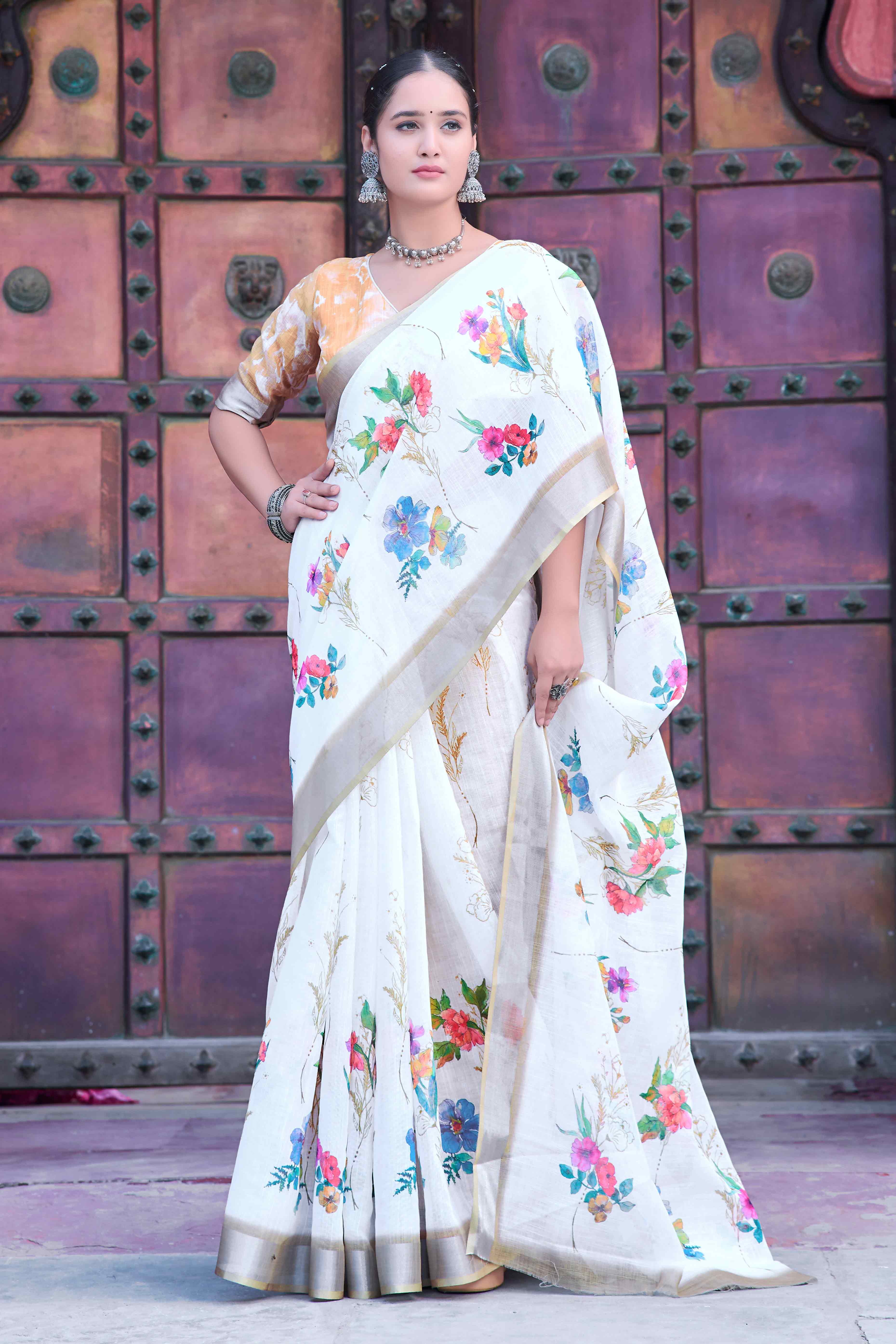 Off White Floral Printed Linen Saree