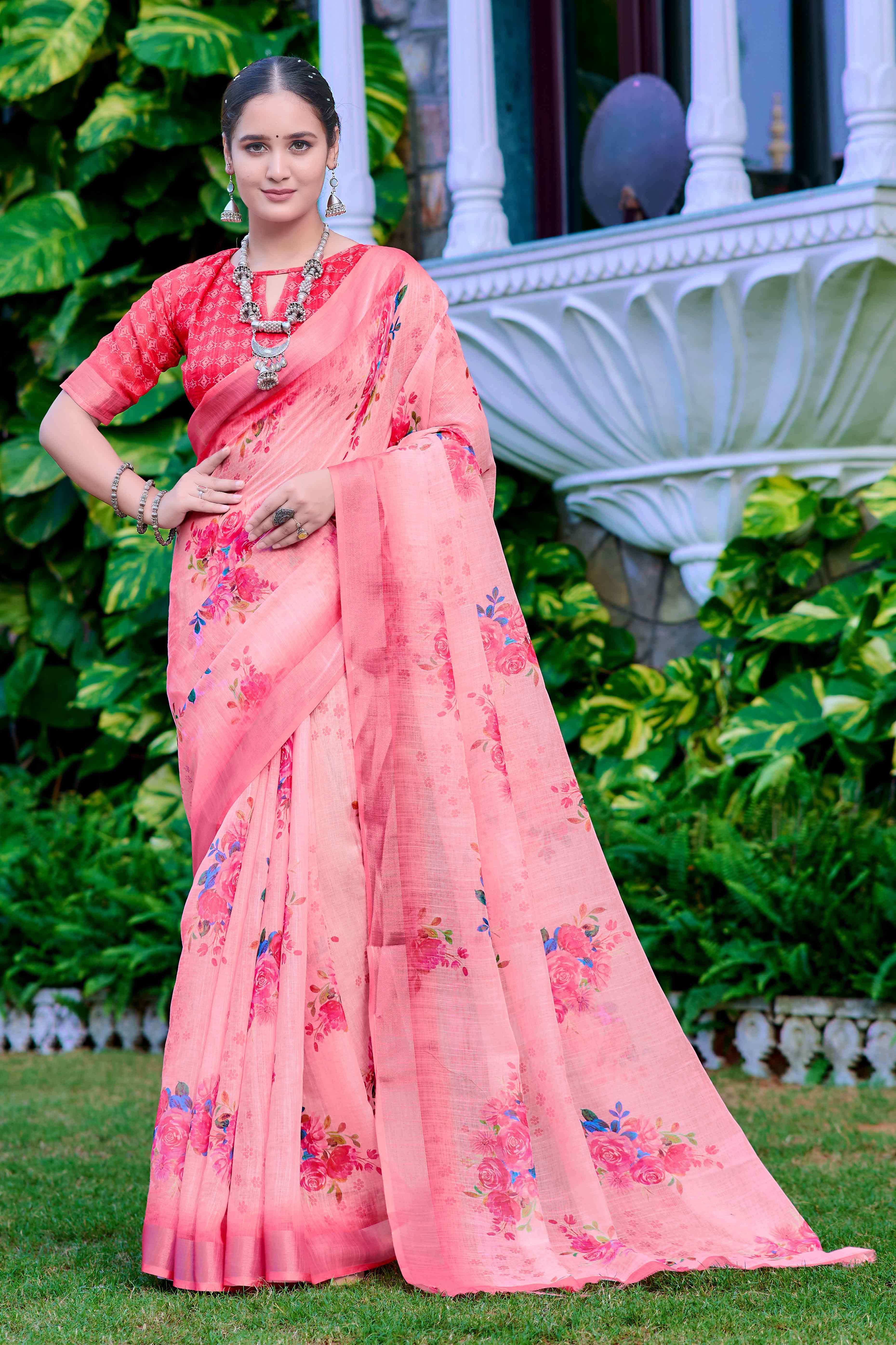 Peach Floral Printed Linen Saree