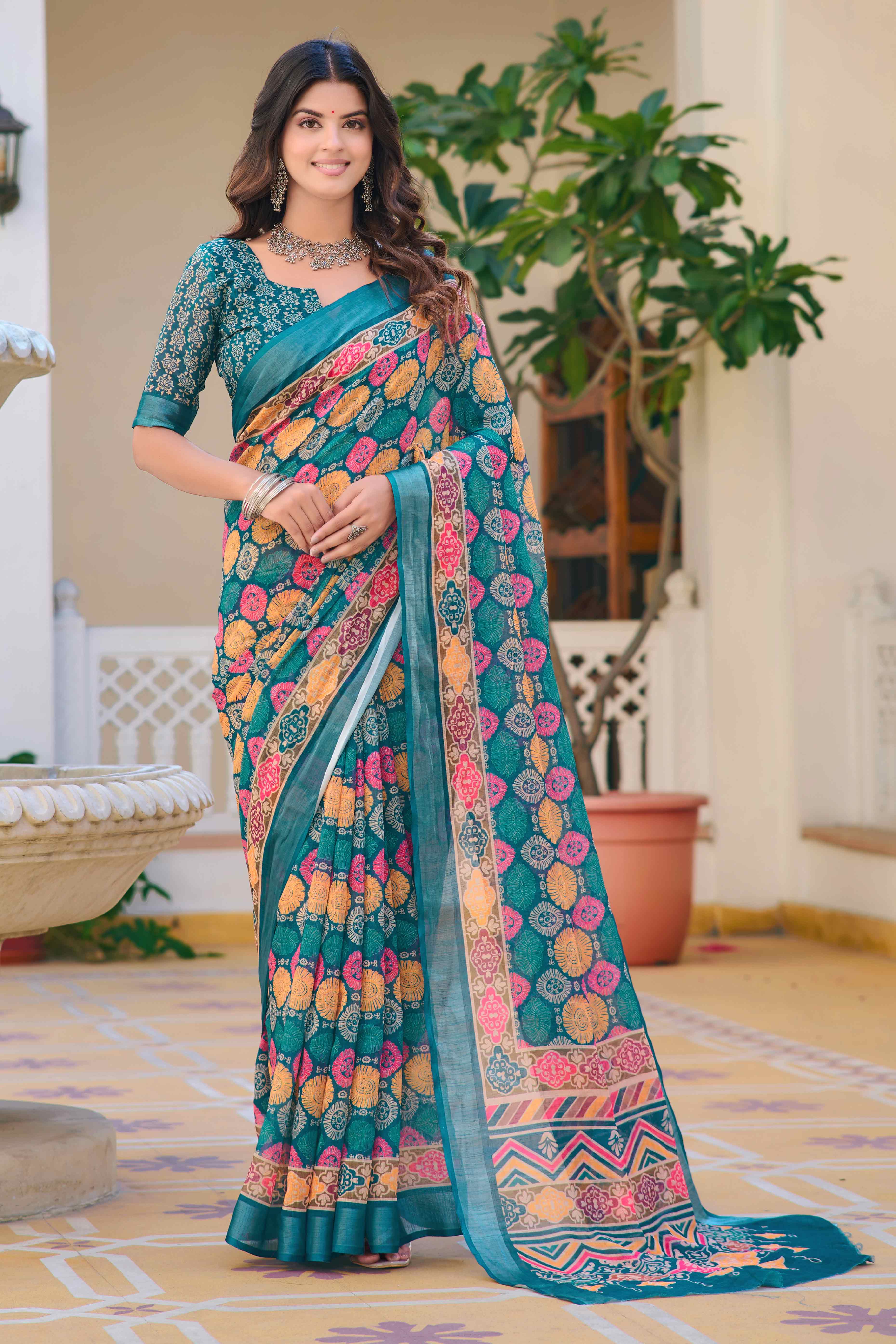 Teal Floral Printed Linen Saree