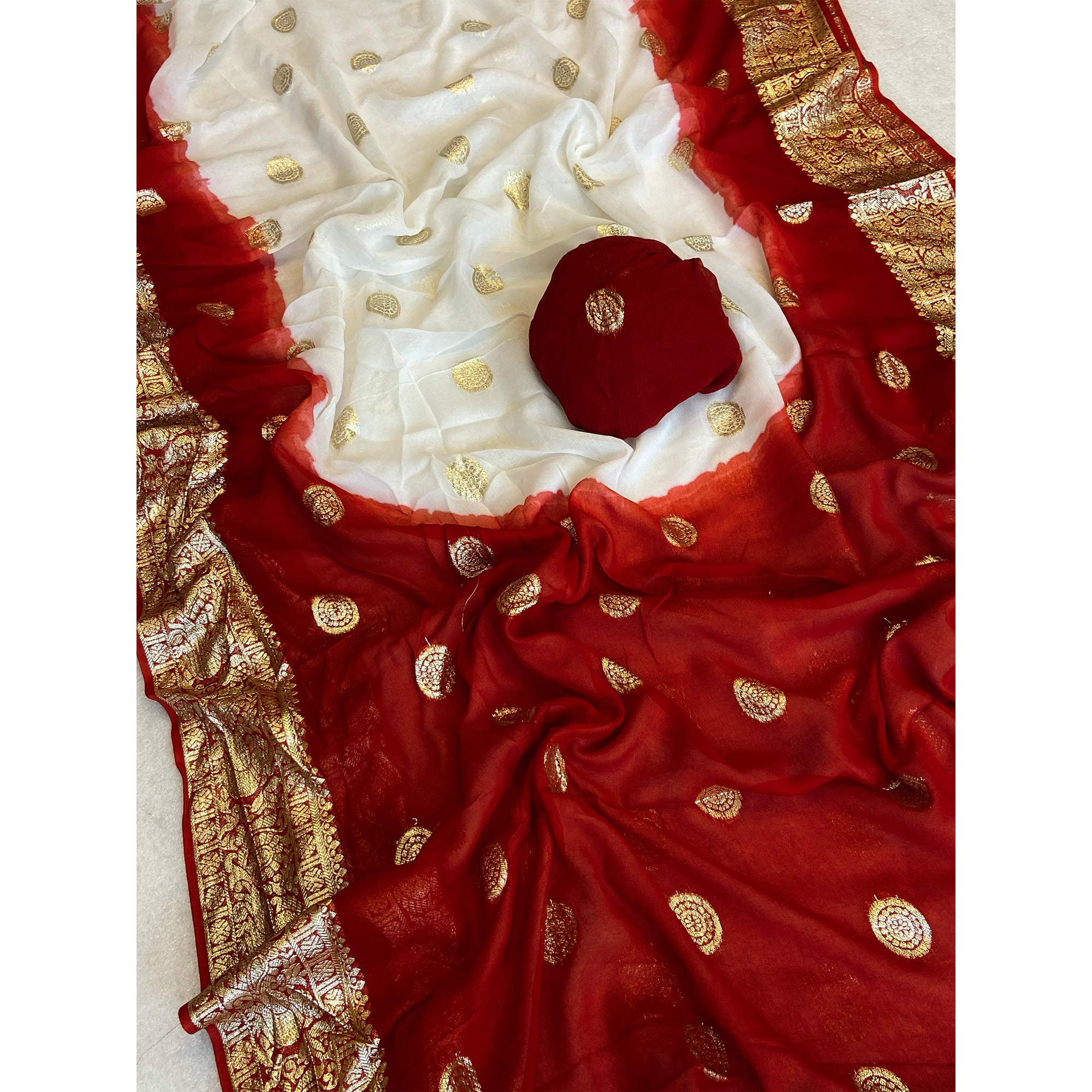 White & Dark Red Zari Weaving Pure Viscose Saree
