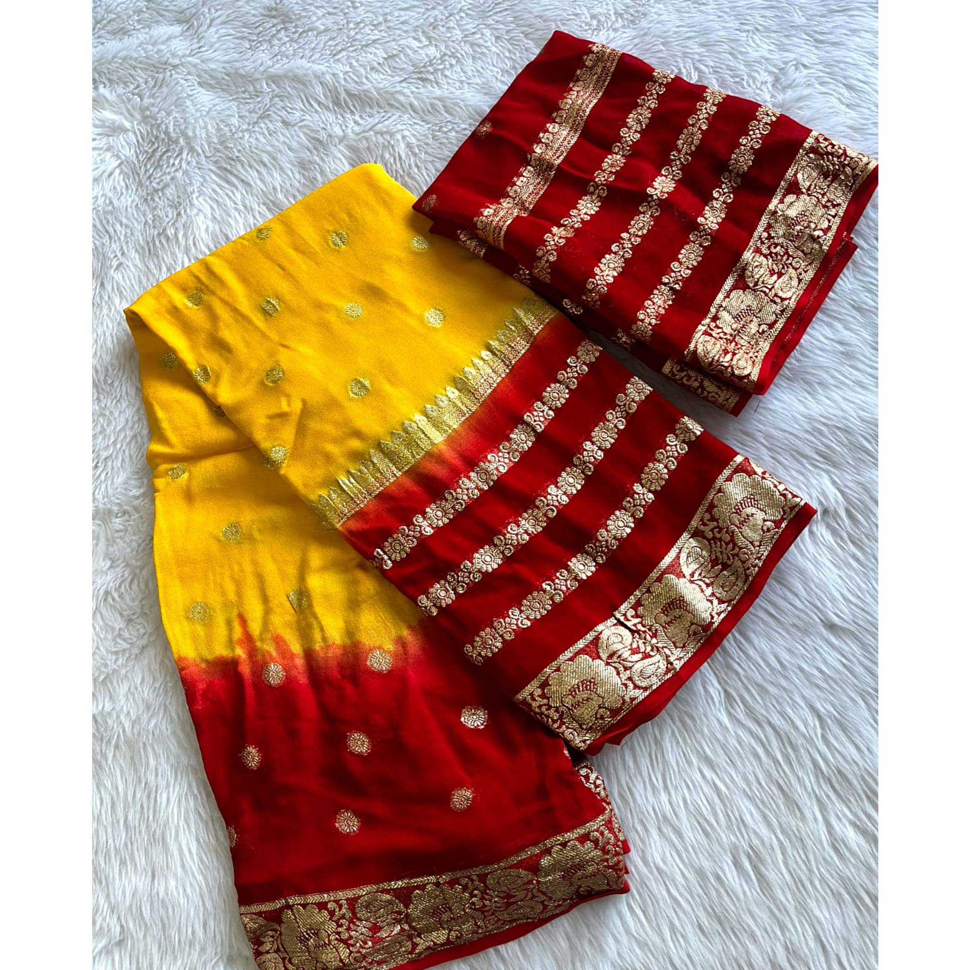 Yellow & Red Zari Woven Pure Viscose Saree