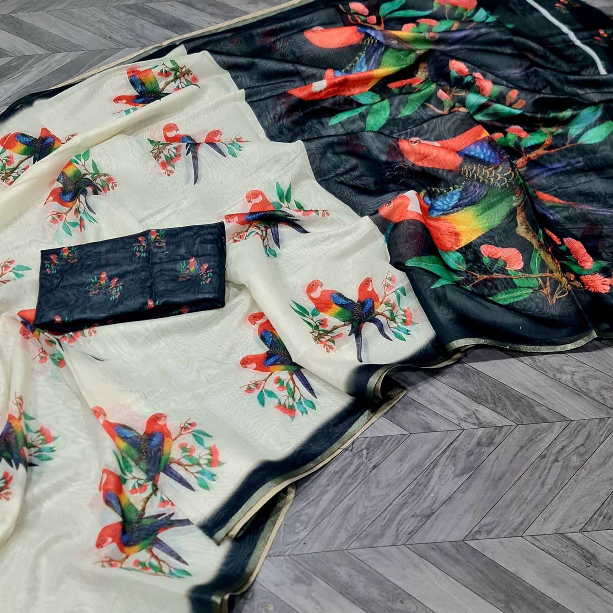 Off White Floral Printed Linen Cotton Saree