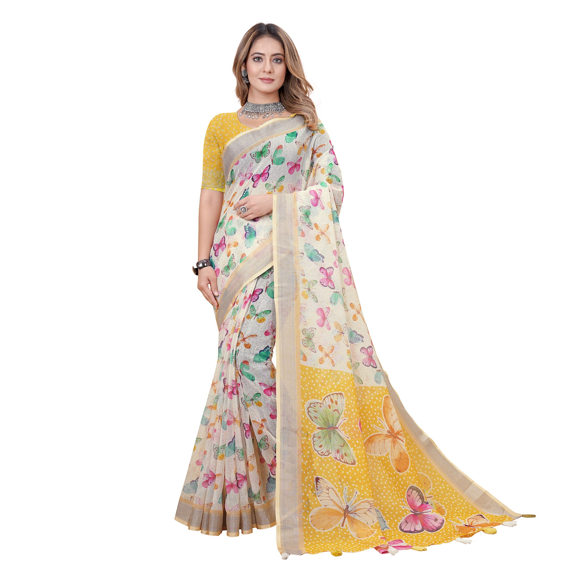 Multicolor Printed Linen Saree