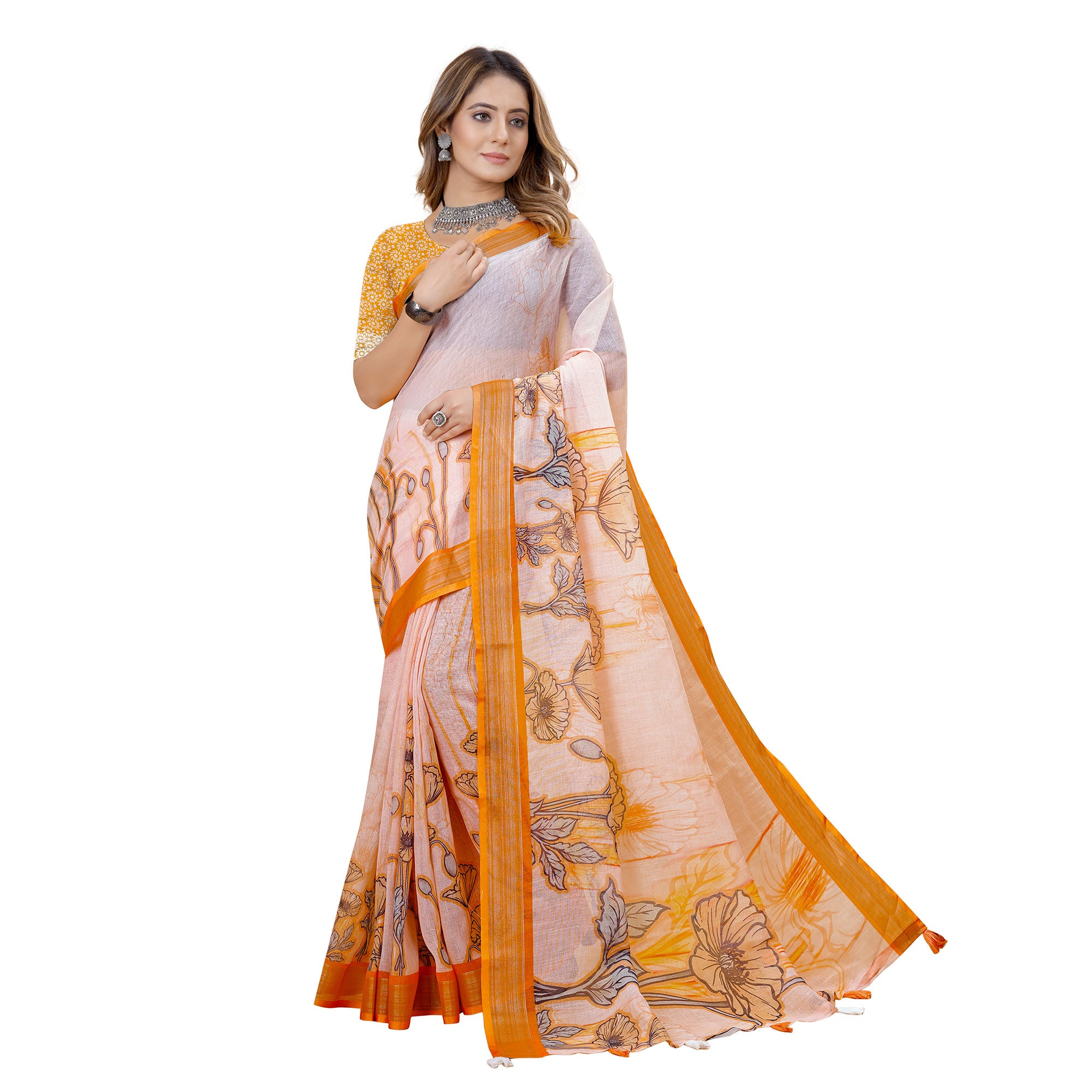 Yellow Printed Linen Saree