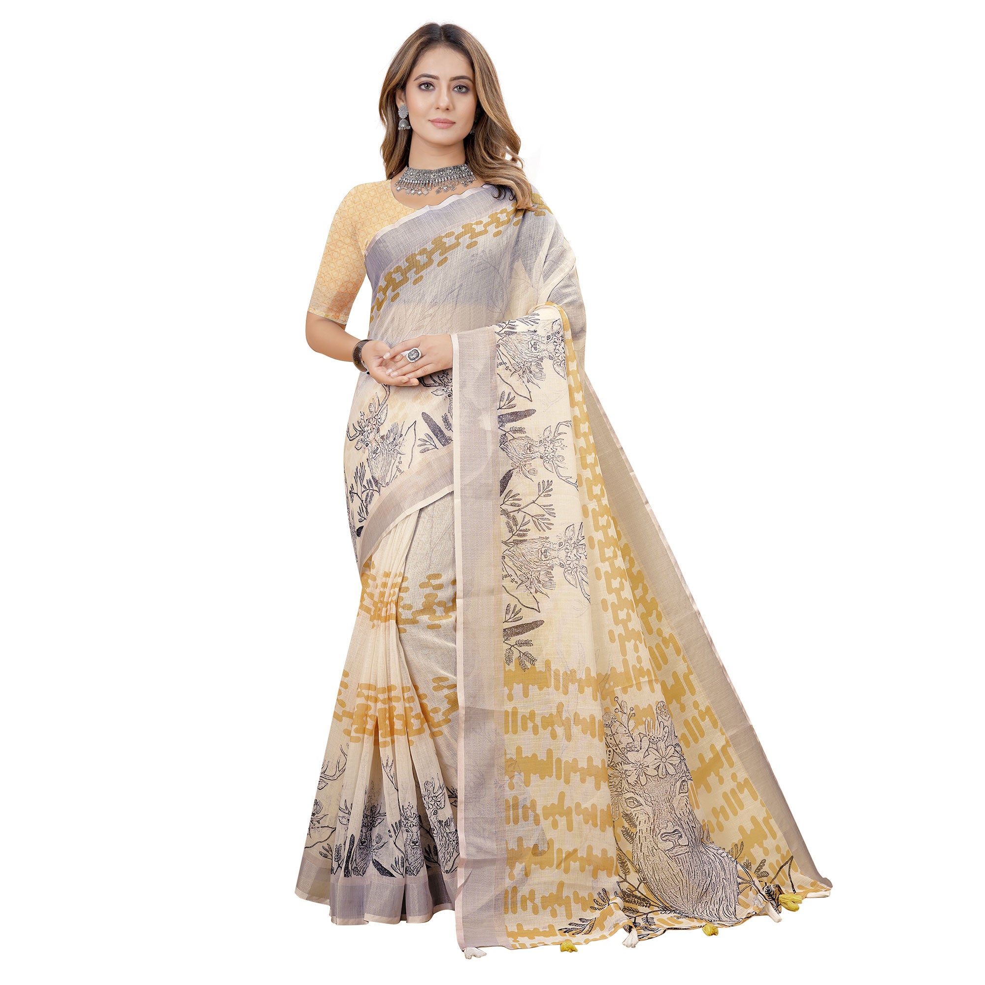 White Printed Linen Saree