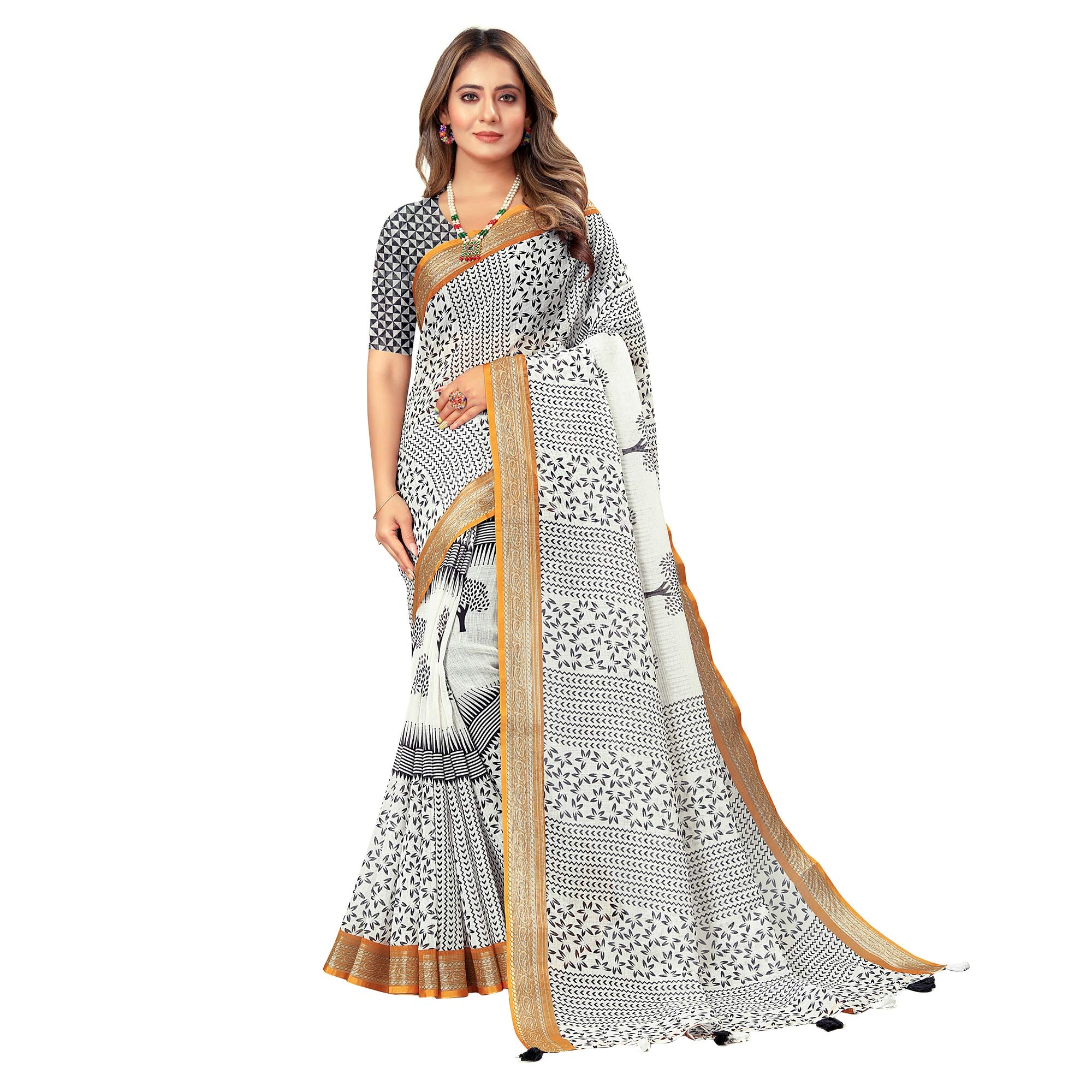 White Digital Print Linen Saree