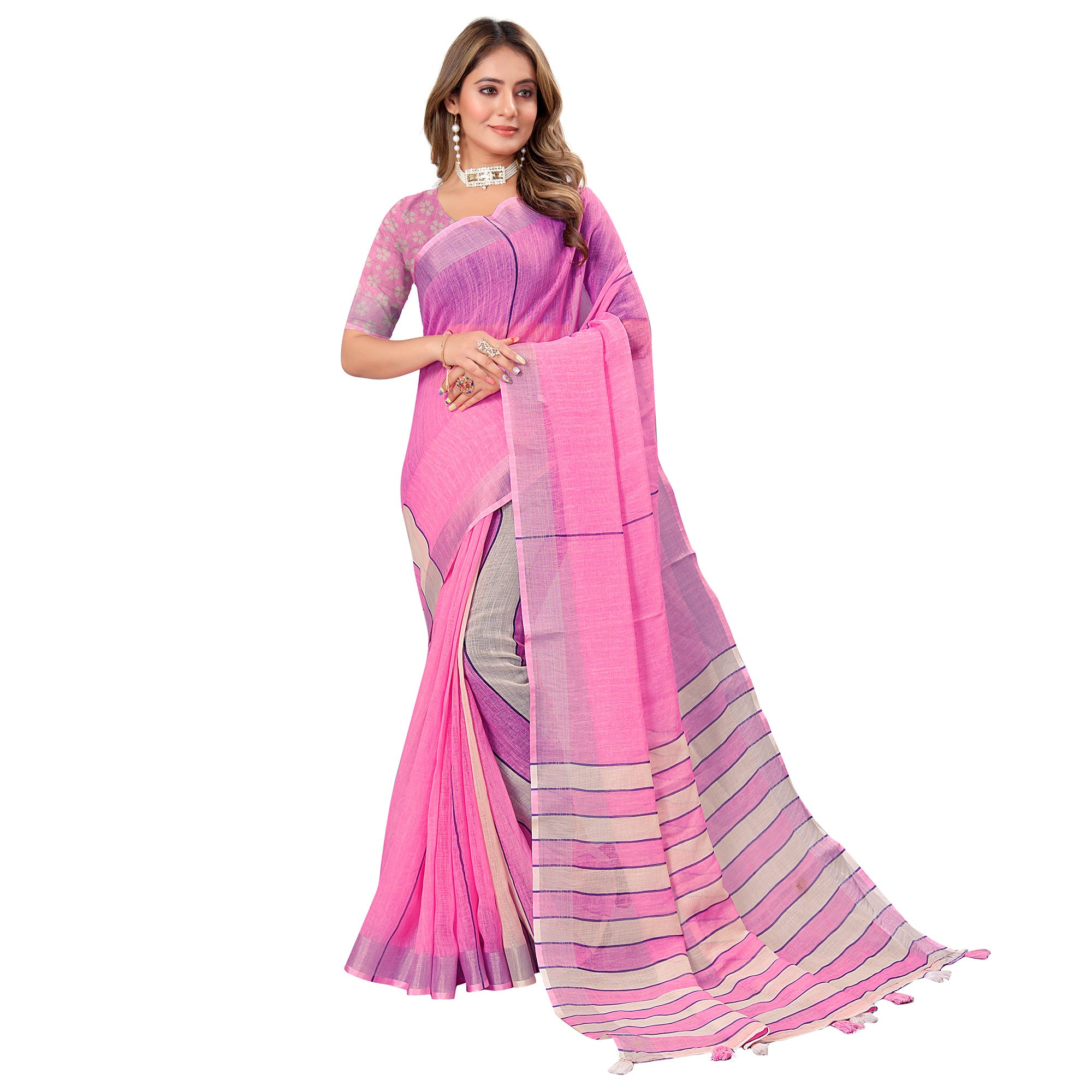 Pink Digital Print Linen Saree