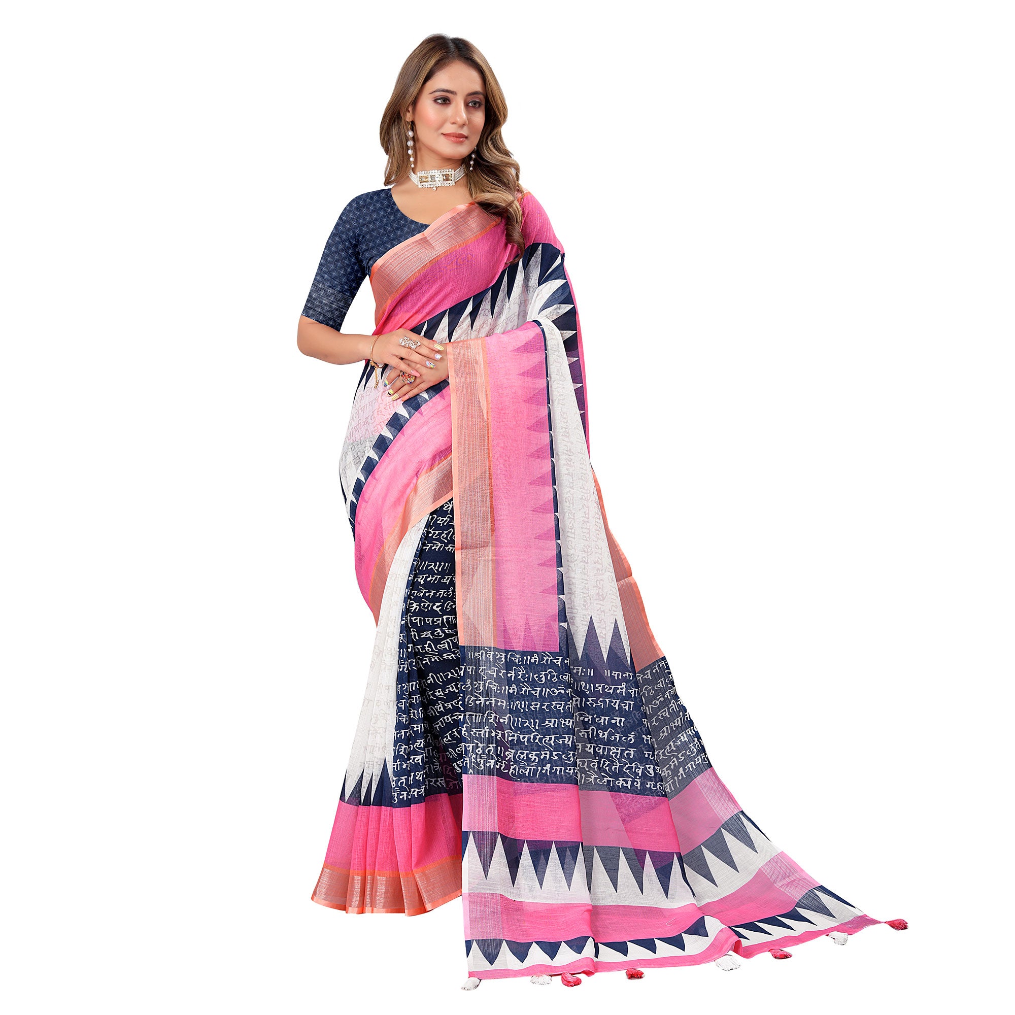 White & Pink Printed Linen Saree