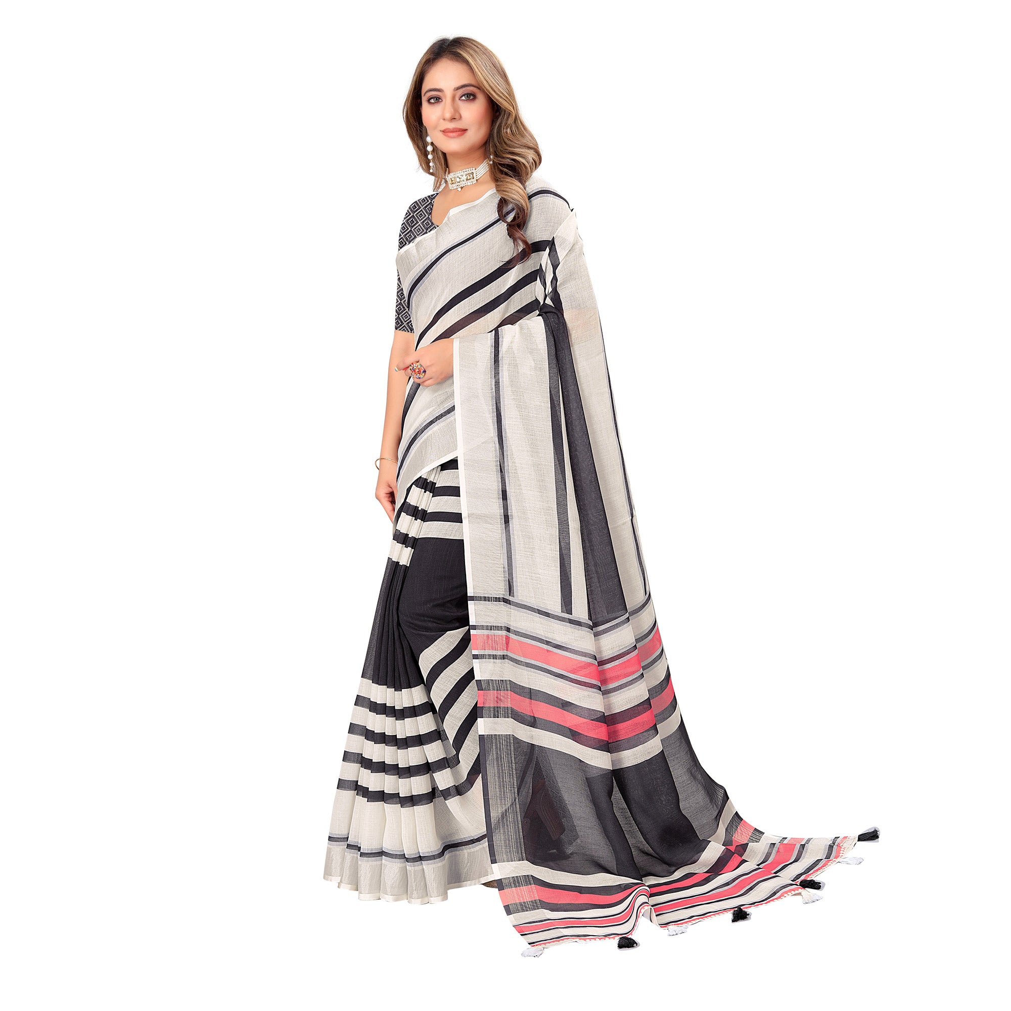 White & Black Printed Linen Saree