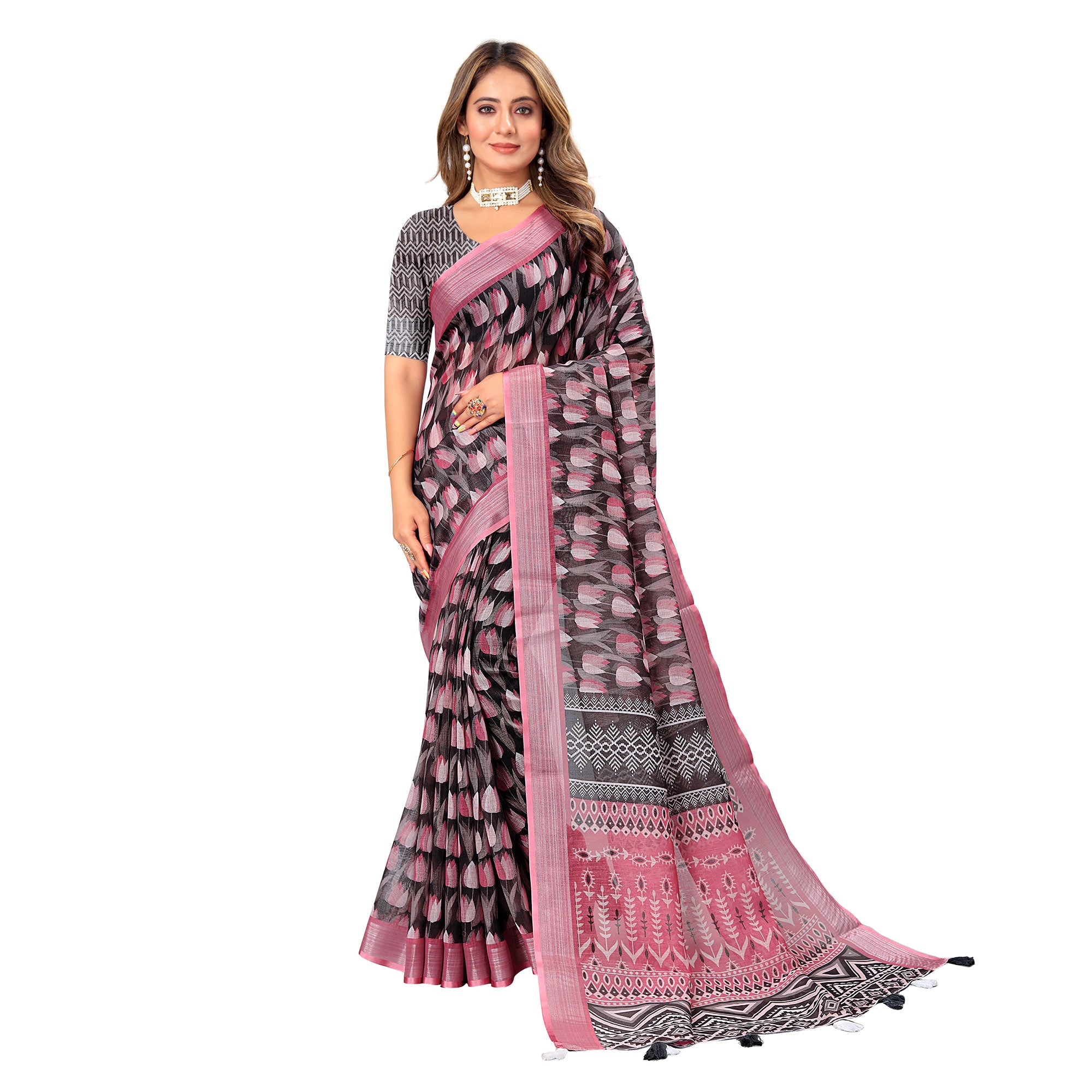 Black & Pink Printed Linen Saree