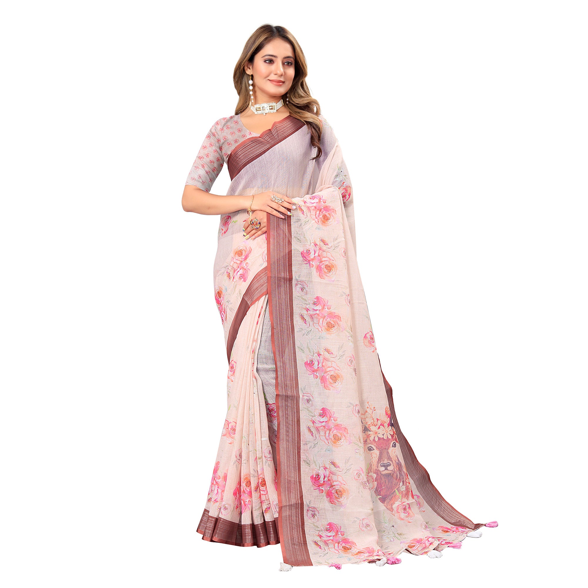 Cream Digital Print Linen Saree