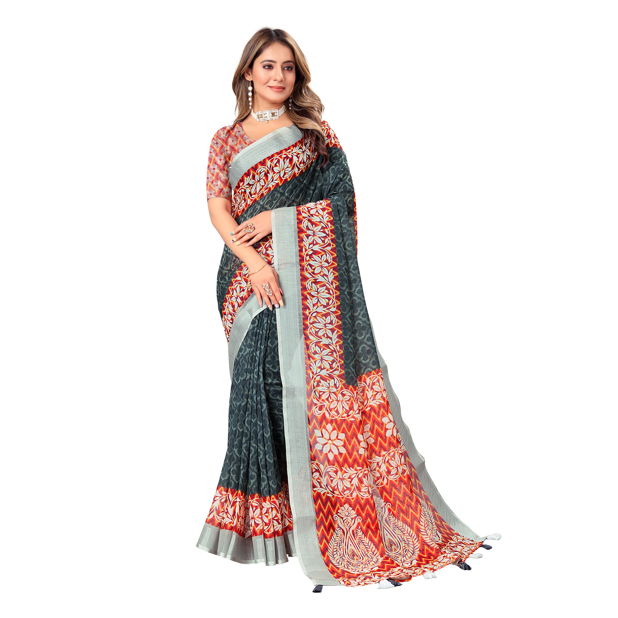 Grey Digital Print Linen Saree