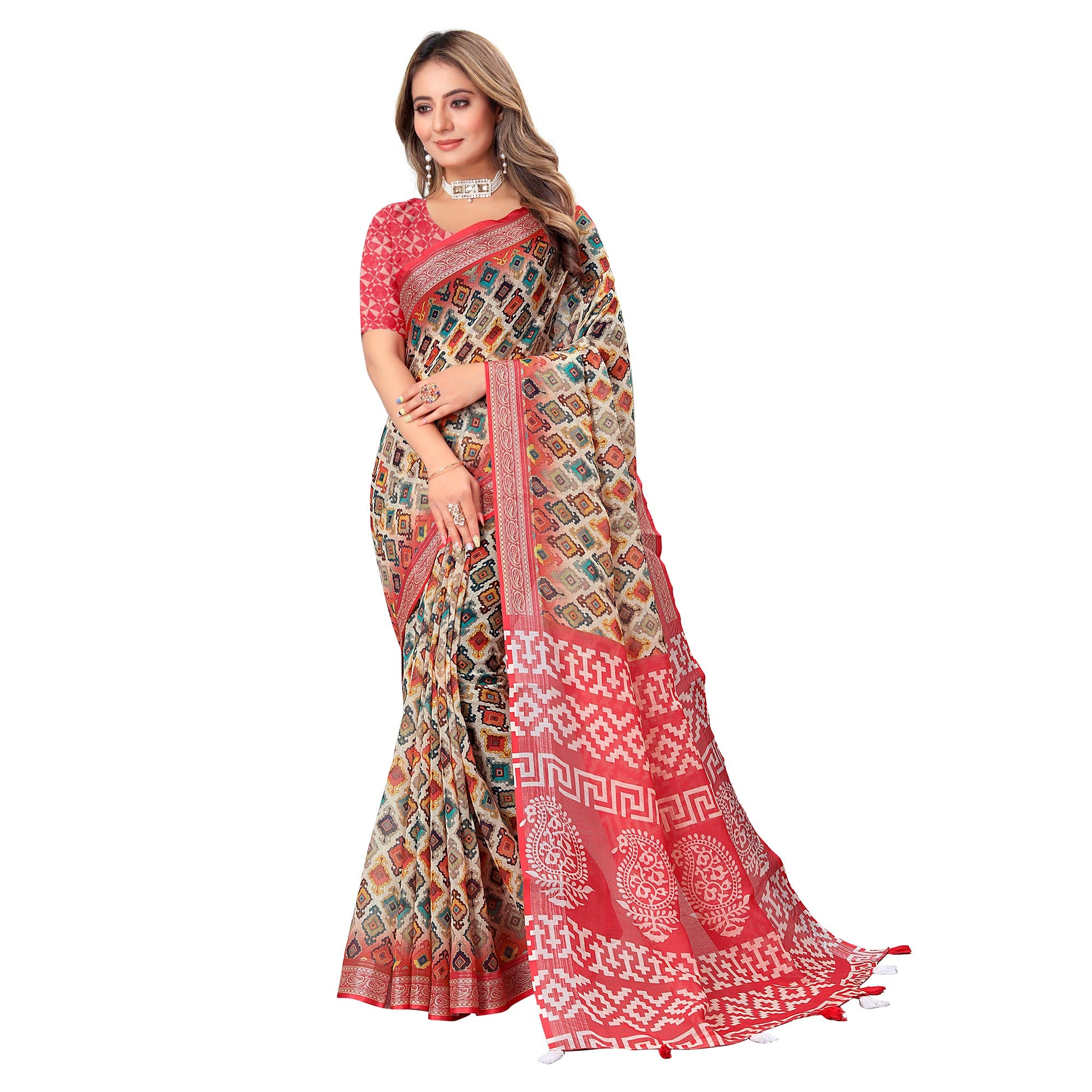 Red Printed Linen Saree