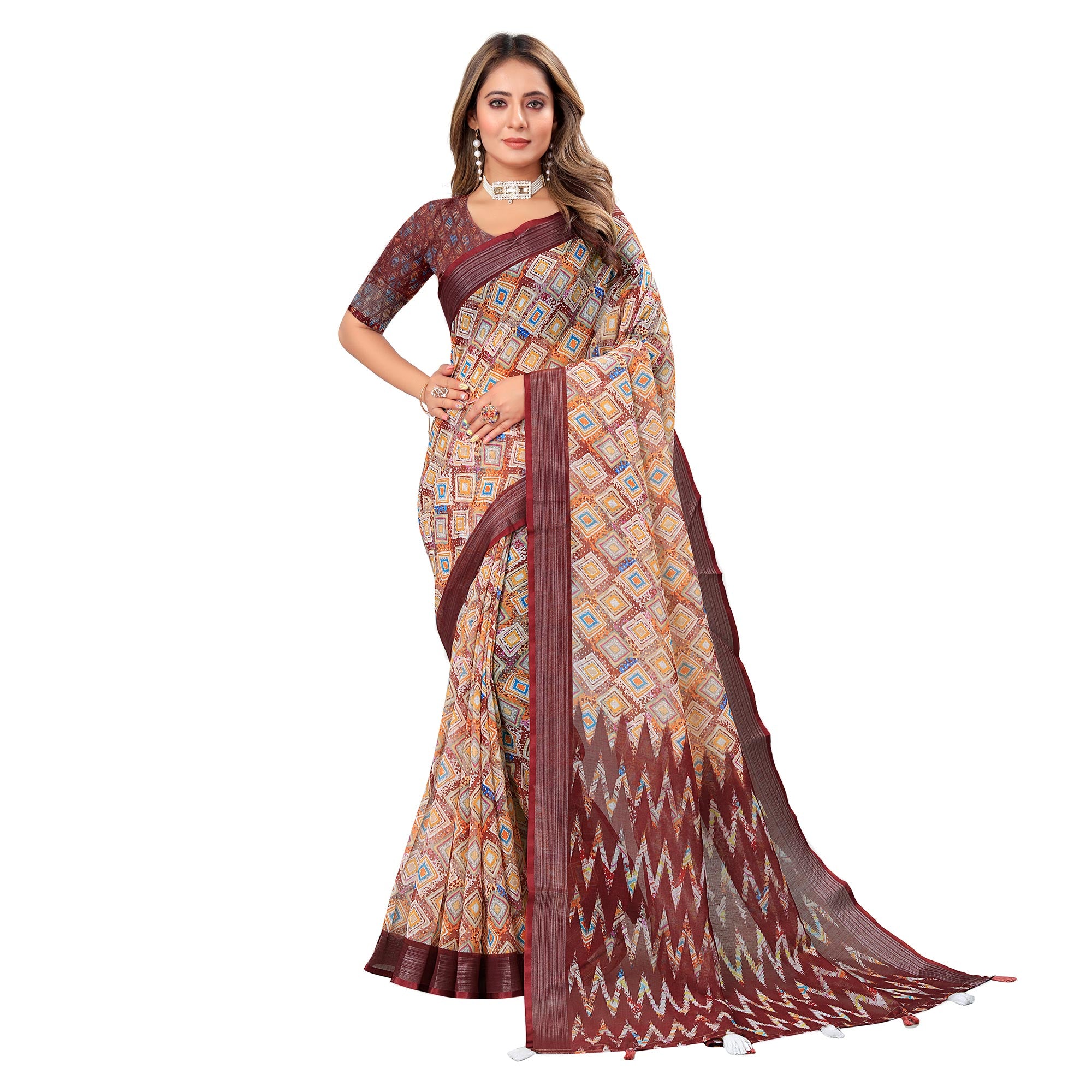 Maroon Printed Linen Saree