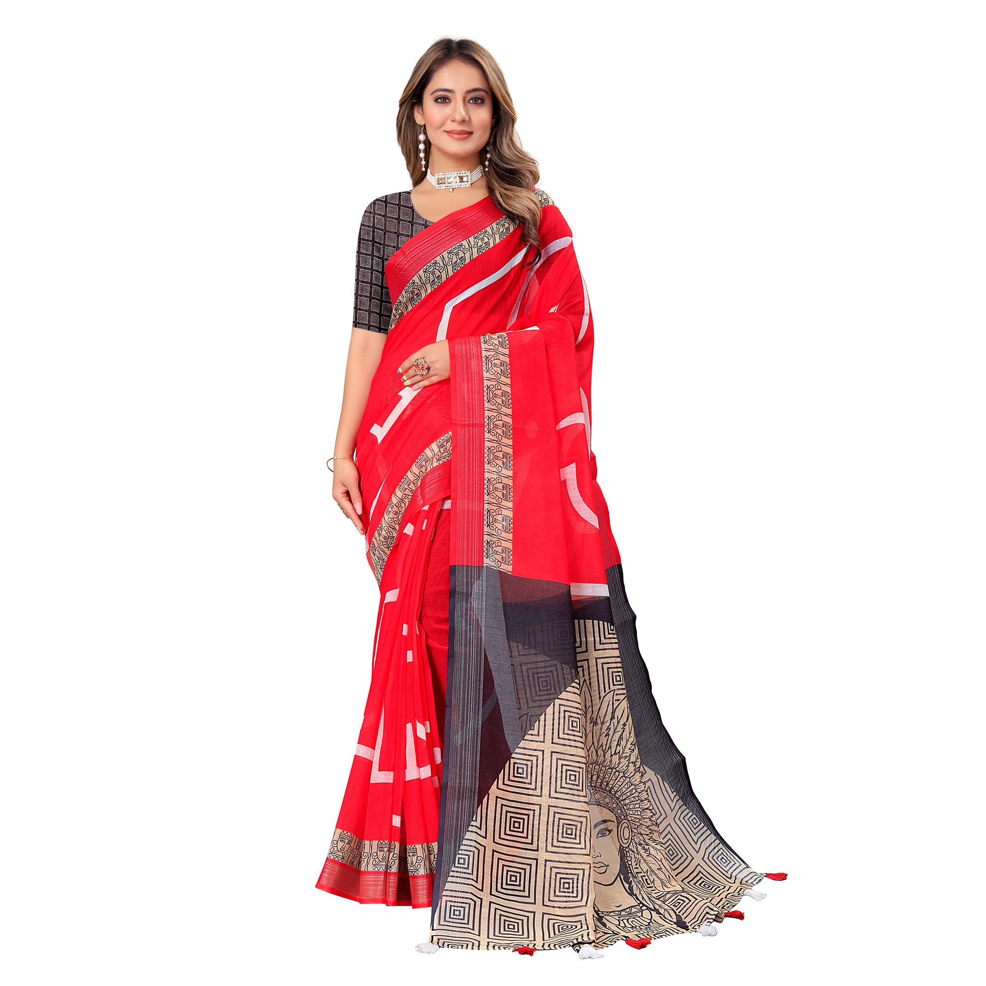 Red Printed Linen Saree