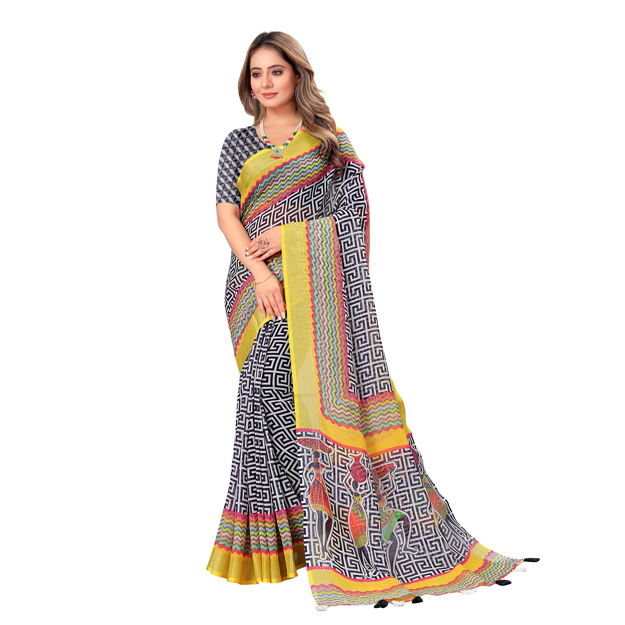 White & Yellow Printed Linen Saree