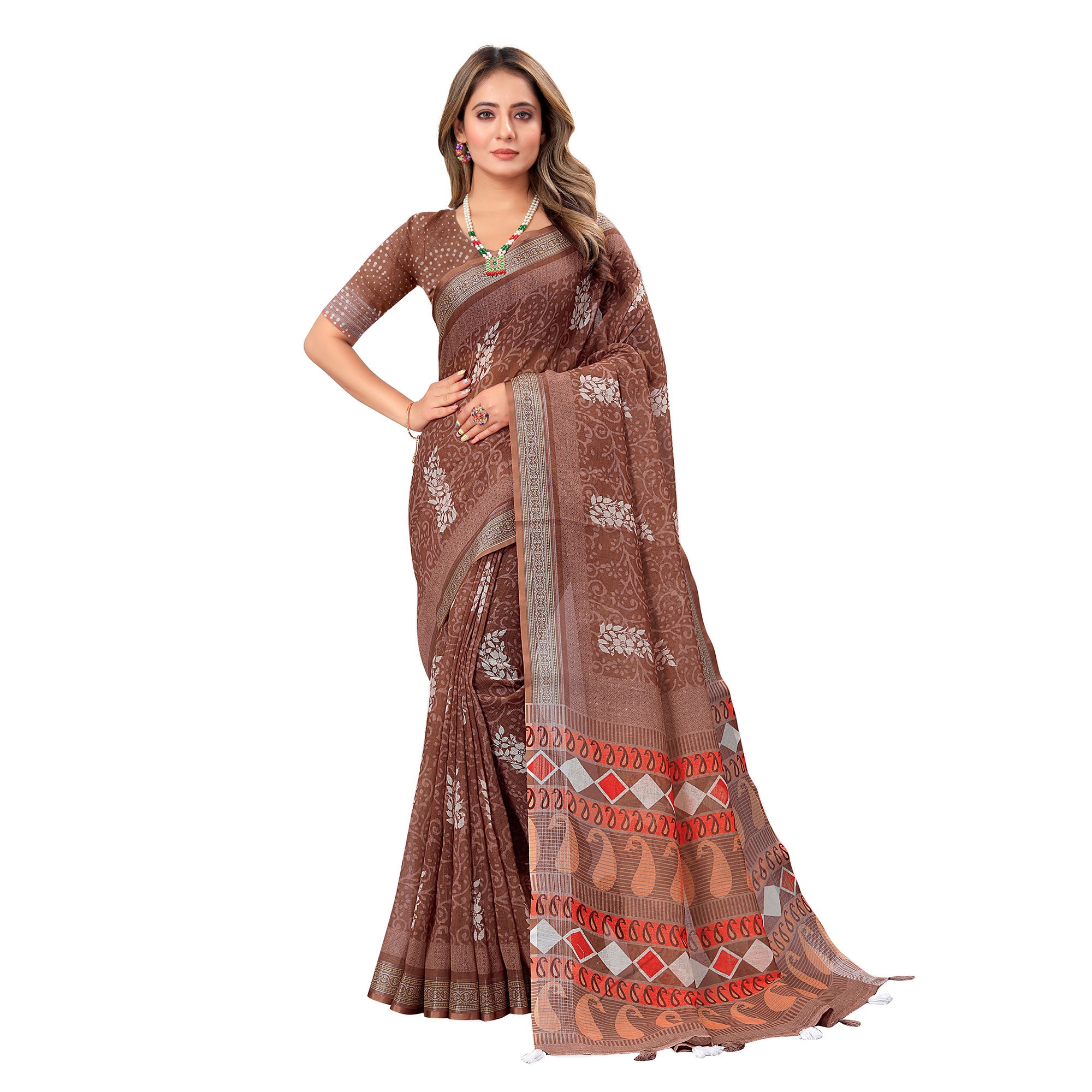 Brown Printed Linen Saree