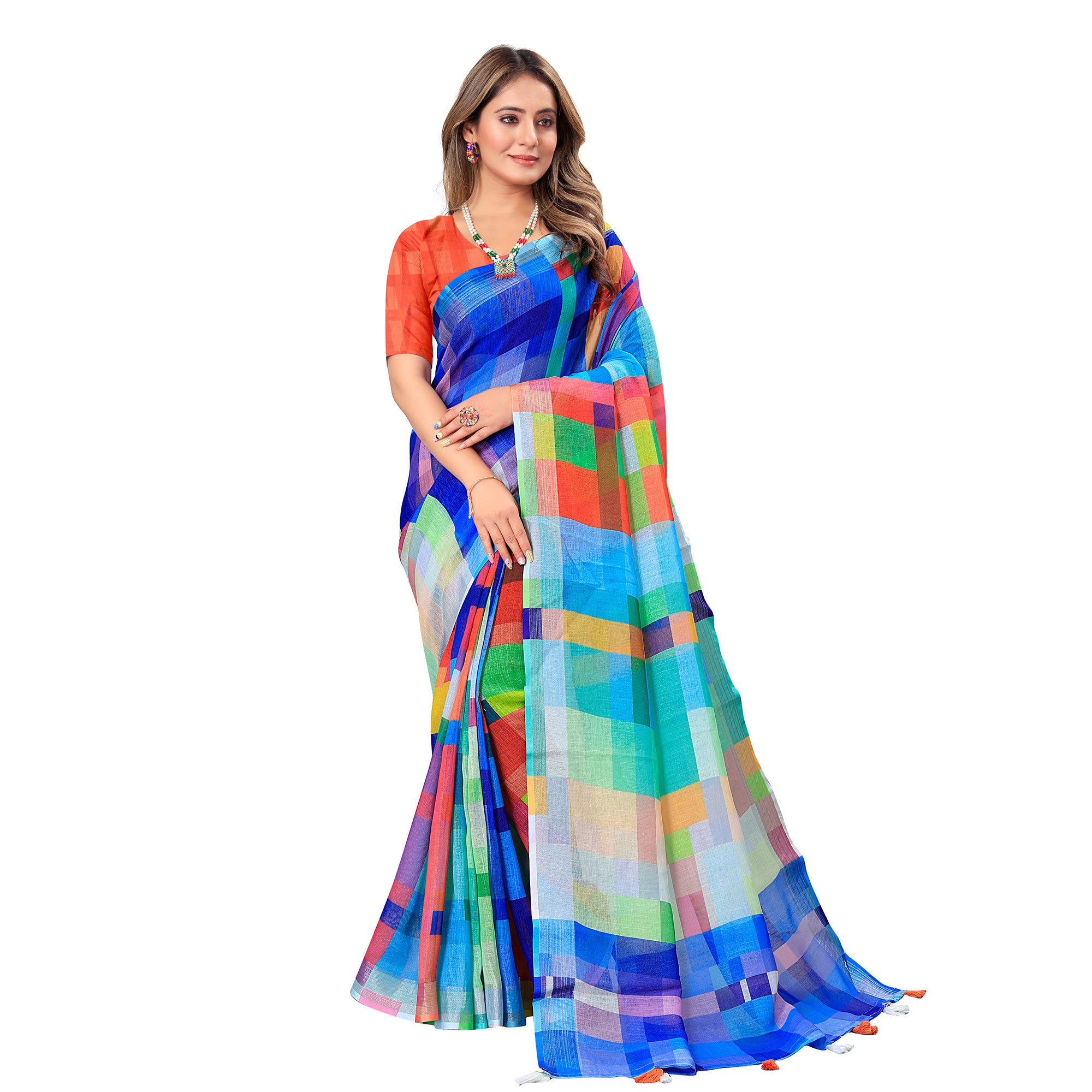 Multicolor Printed Linen Saree