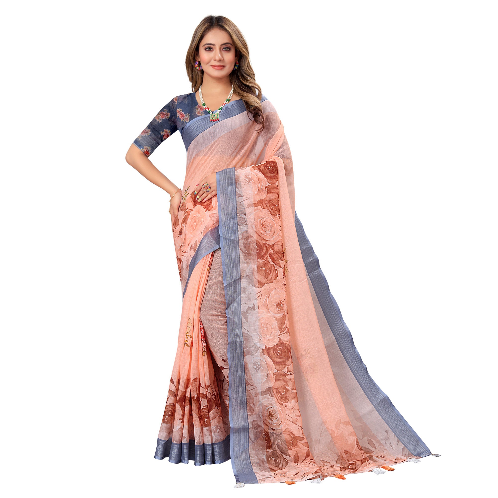 Peach Printed Linen Saree