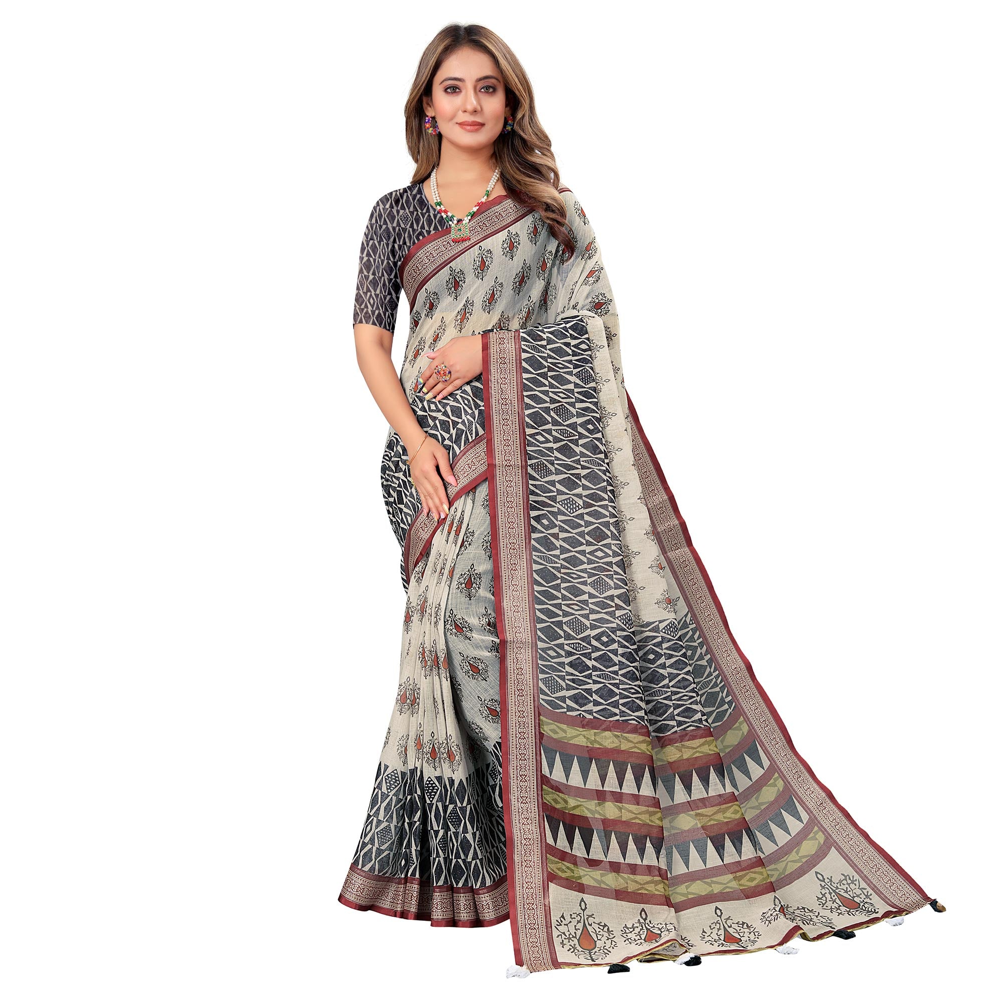 Off White Printed Linen Saree