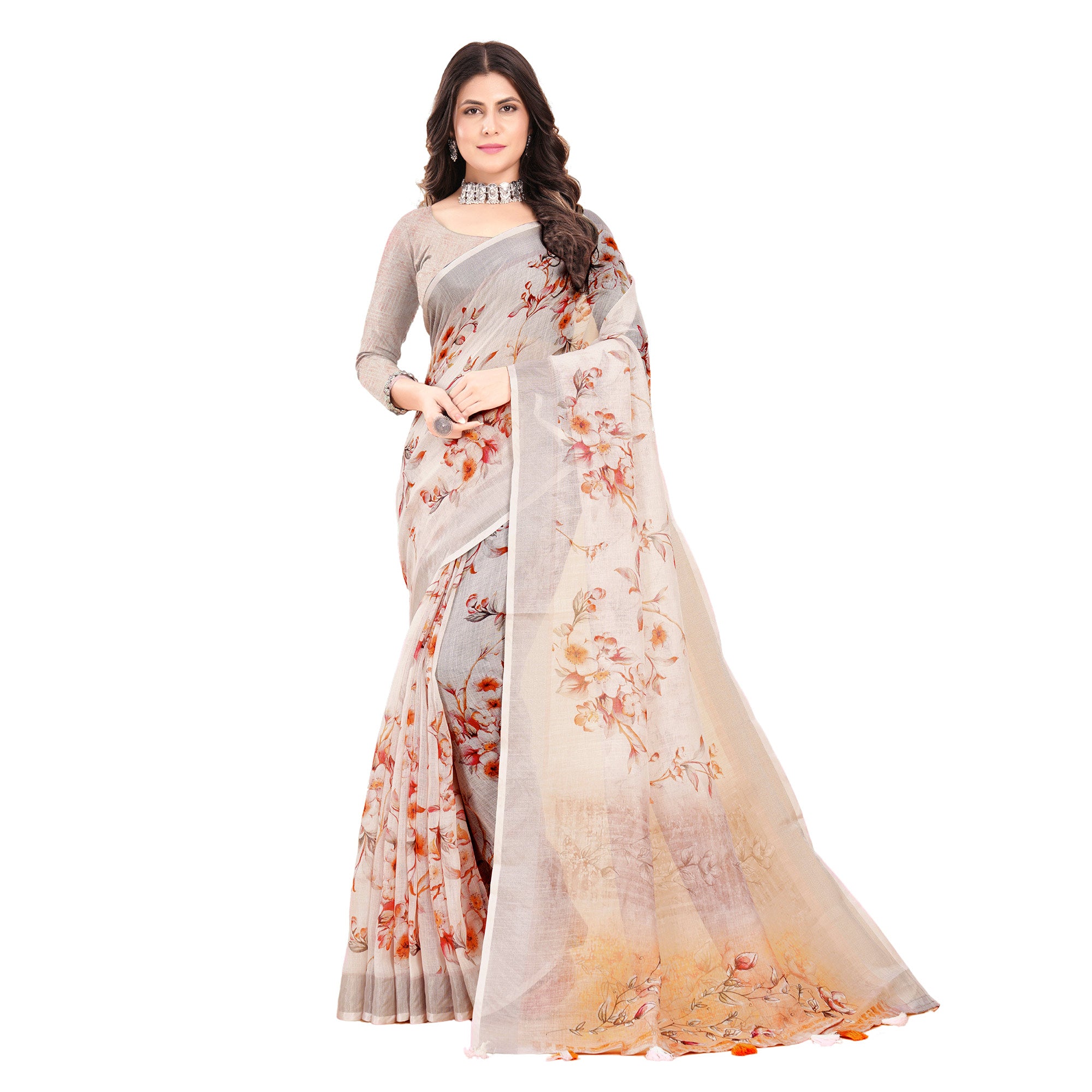 Cream Printed Linen Saree