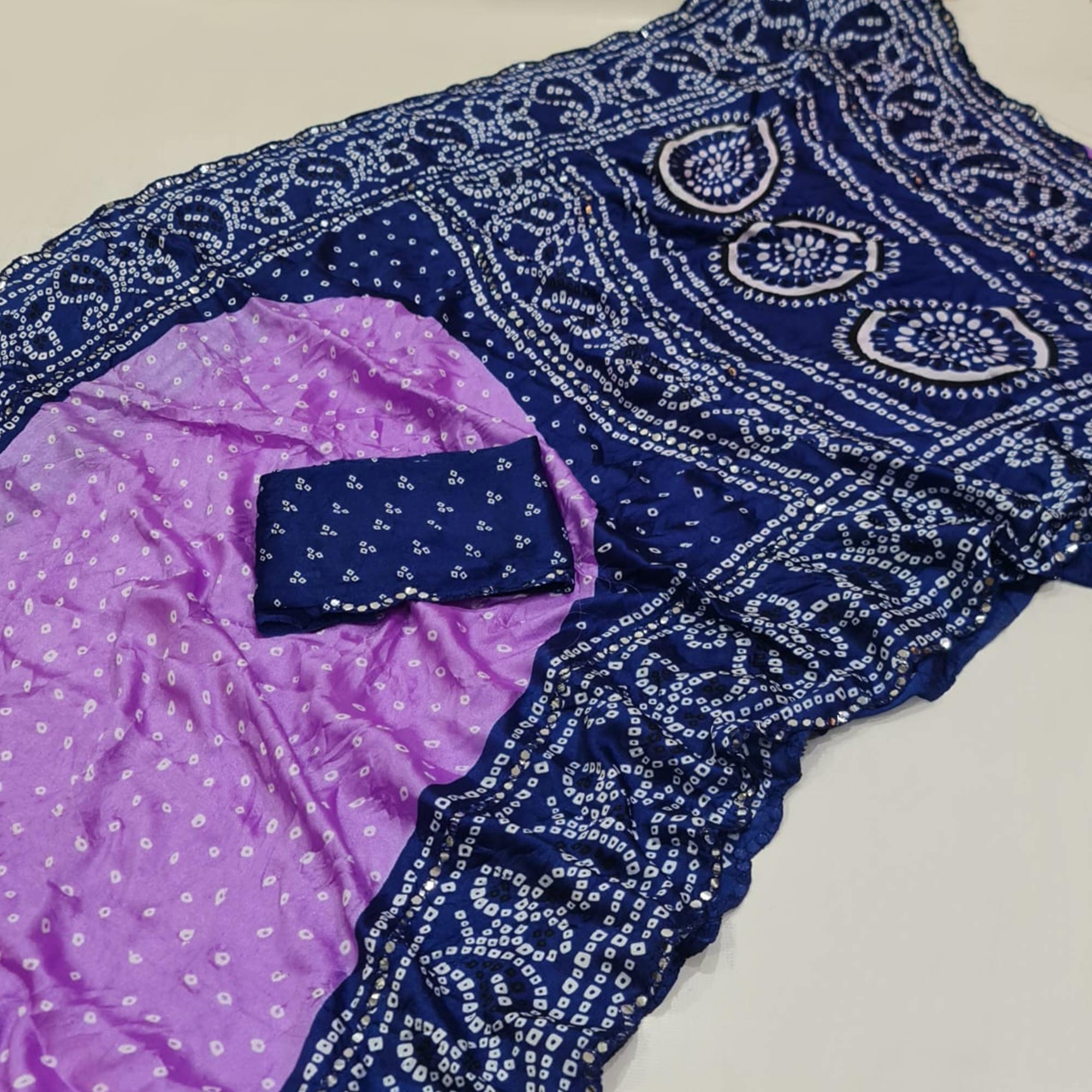 Lavender & Blue Bandhani Printed Chiffon Saree