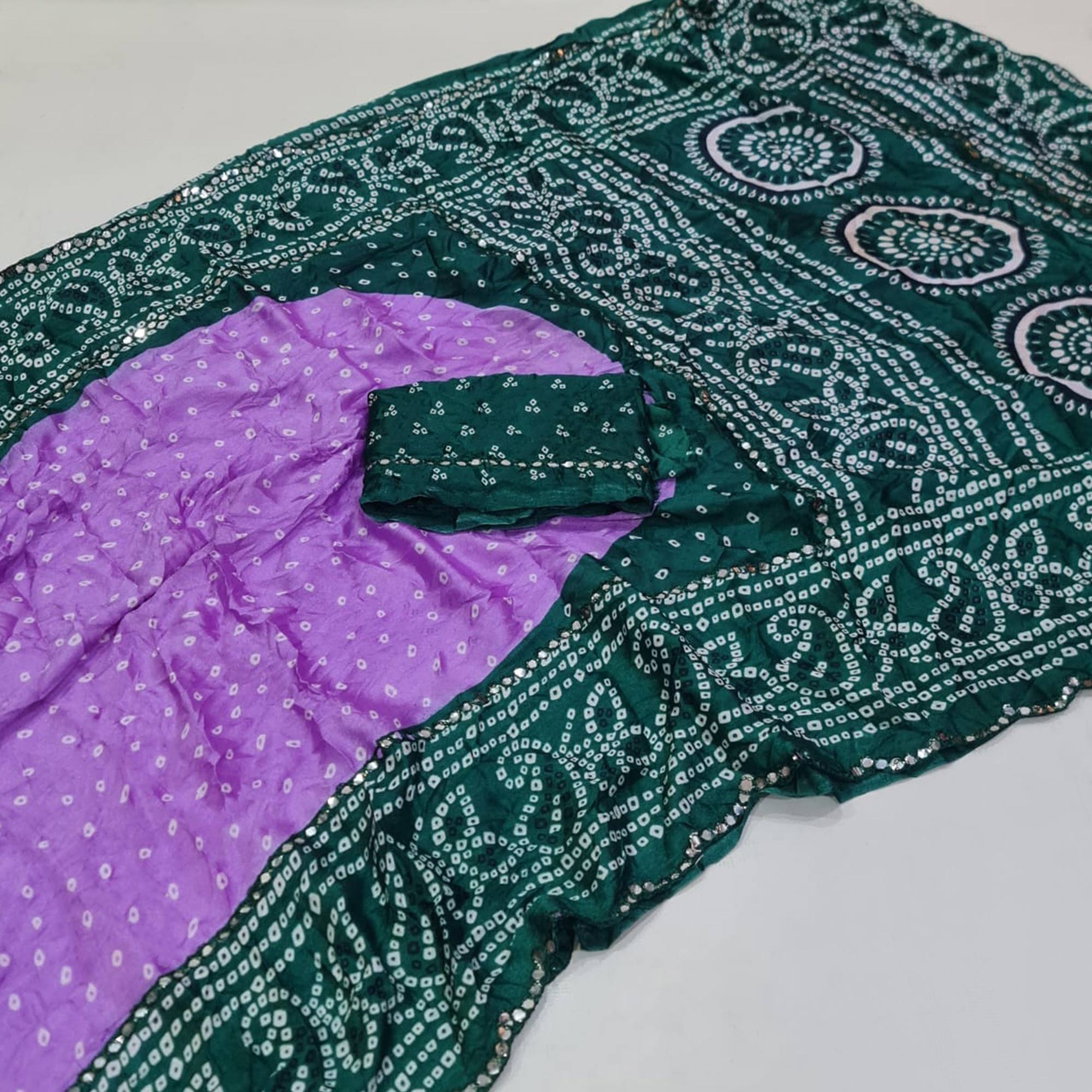 Lavender & Green Bandhani Printed Chiffon Saree