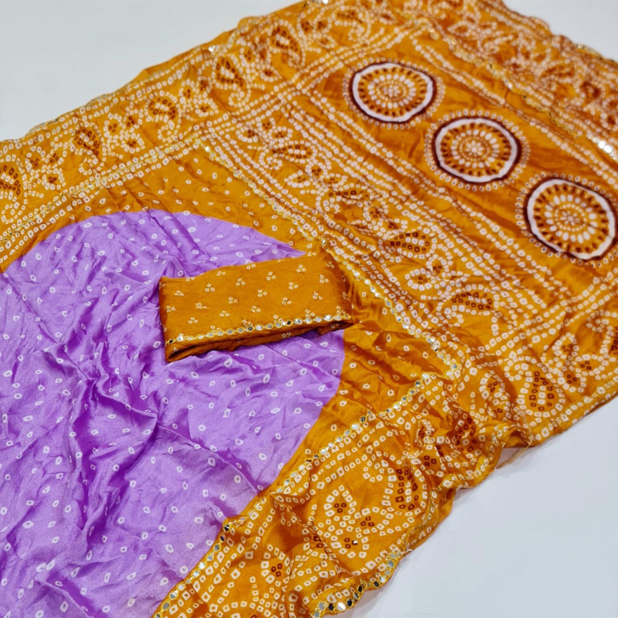 Lavender & Yellow Bandhani Printed Chiffon Saree