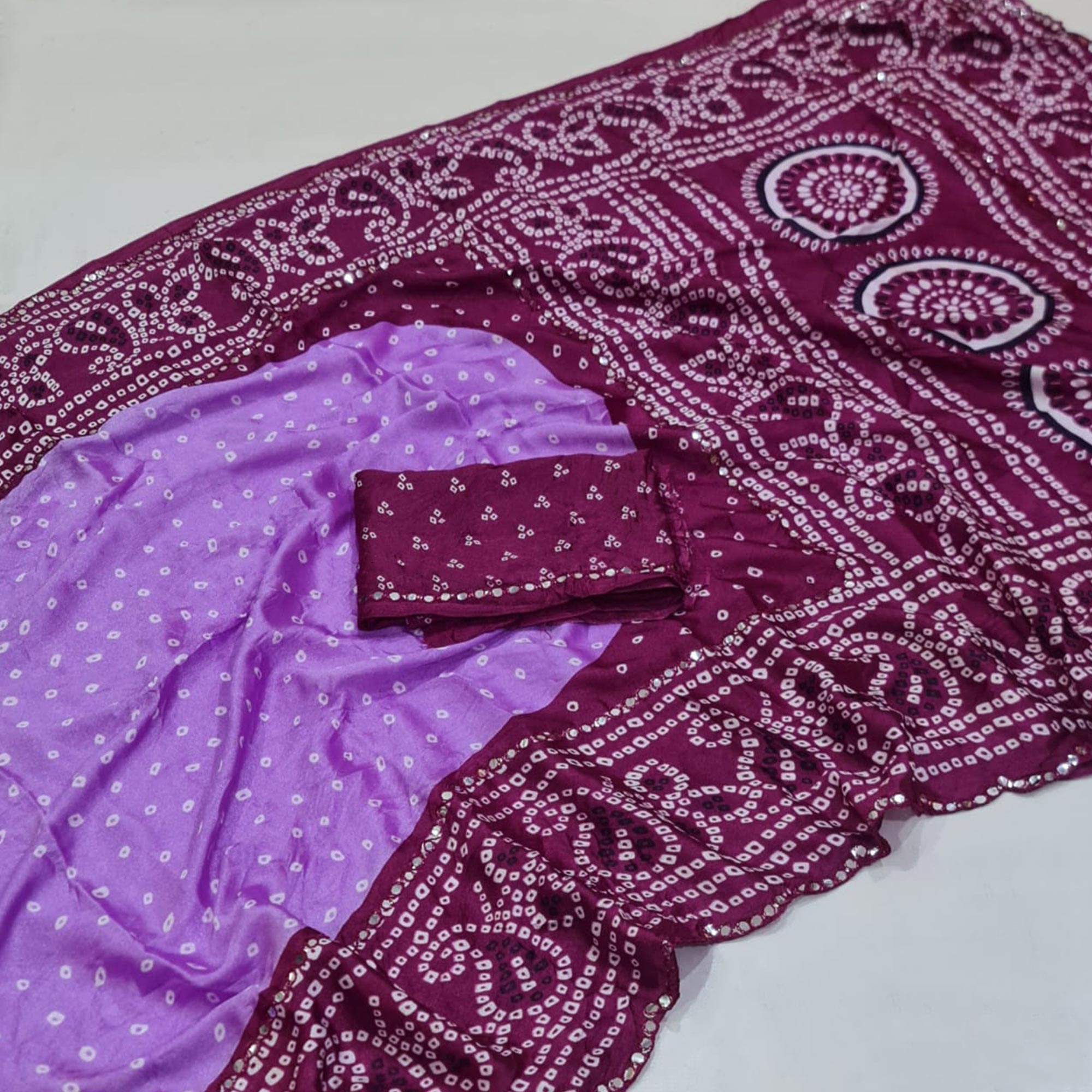 Lavender & Wine Bandhani Printed Chiffon Saree