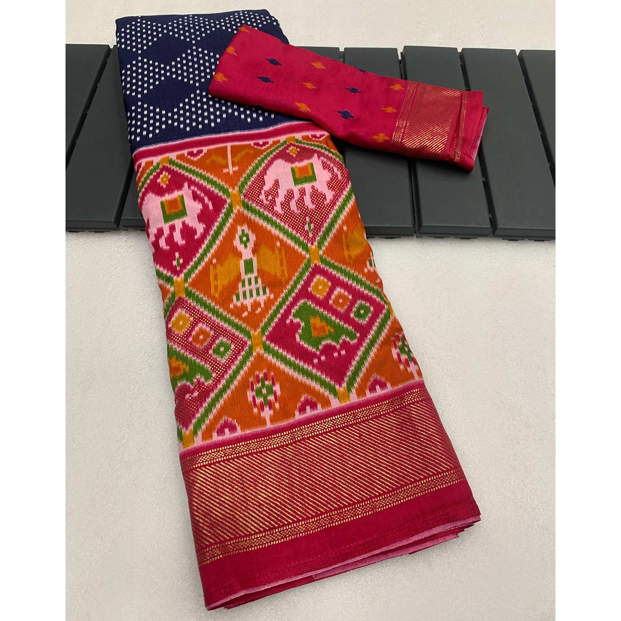 Blue & Pink Patola Printed Dola Silk Saree